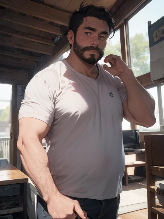 frontal view, lower vision, Bara, police officer Russell Crowe mature 40 years old adult overweight, only in navy blue cargo pants and boots, on all fours in bed, dark room, white sheets, navy blue uniform pants, brown male, 40 years old, protruding belly, half smile, fat, detailed face, detailed