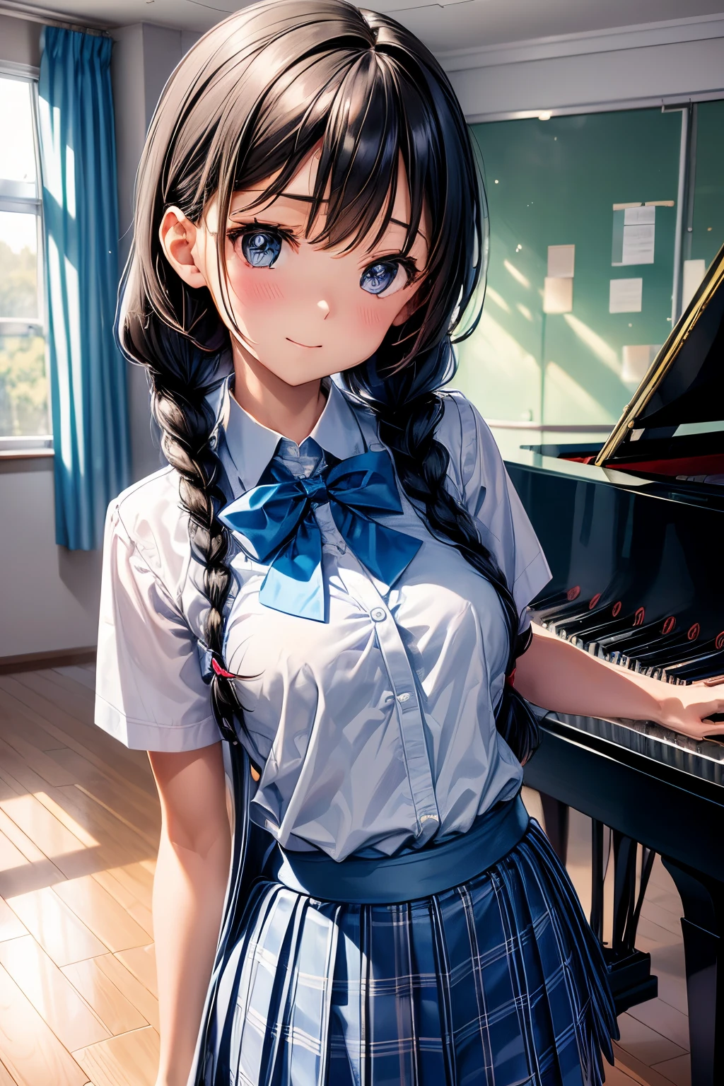 (8K, Best Quality, masutepiece:1.2)、超A high resolution、1 -yeld fee、head tilt、detailed face、deep detailed eyes、star-shaped pupils、happy、school uniform,blazer、navy skirt in plaid skirt、school bag、Black hair、twin braids、独奏、Detailed fingers、Standing in the school music room with a grand piano