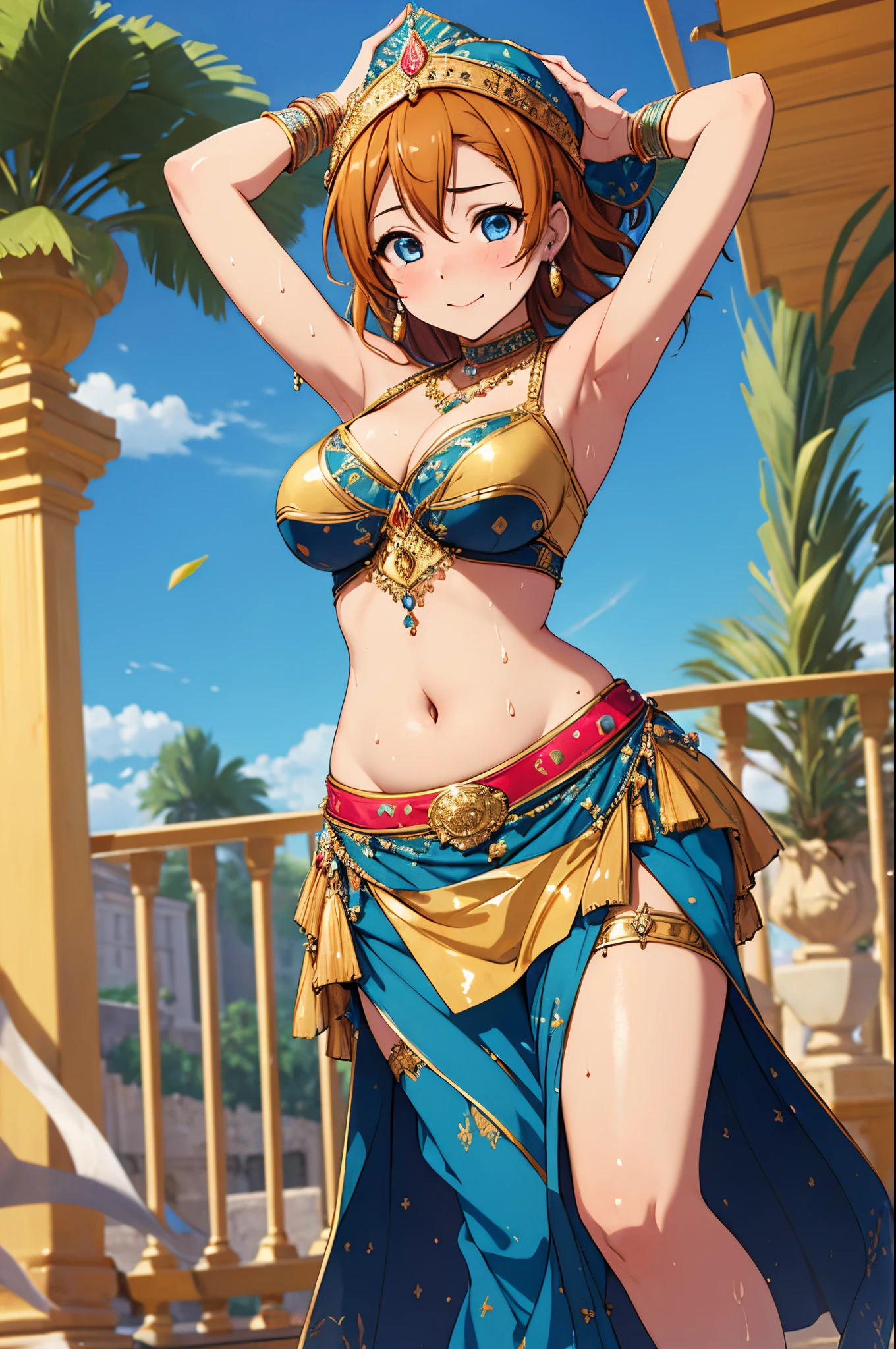 ((best quality)), ((masterpiece)), (detailed), bellydancer ,jewelry, dancing, arabian clothes, colorful clothes, turban/headband, kousaka honoka, curvy body, arms up,plump, thighs, (exposed pussy), sweating ,sweaty