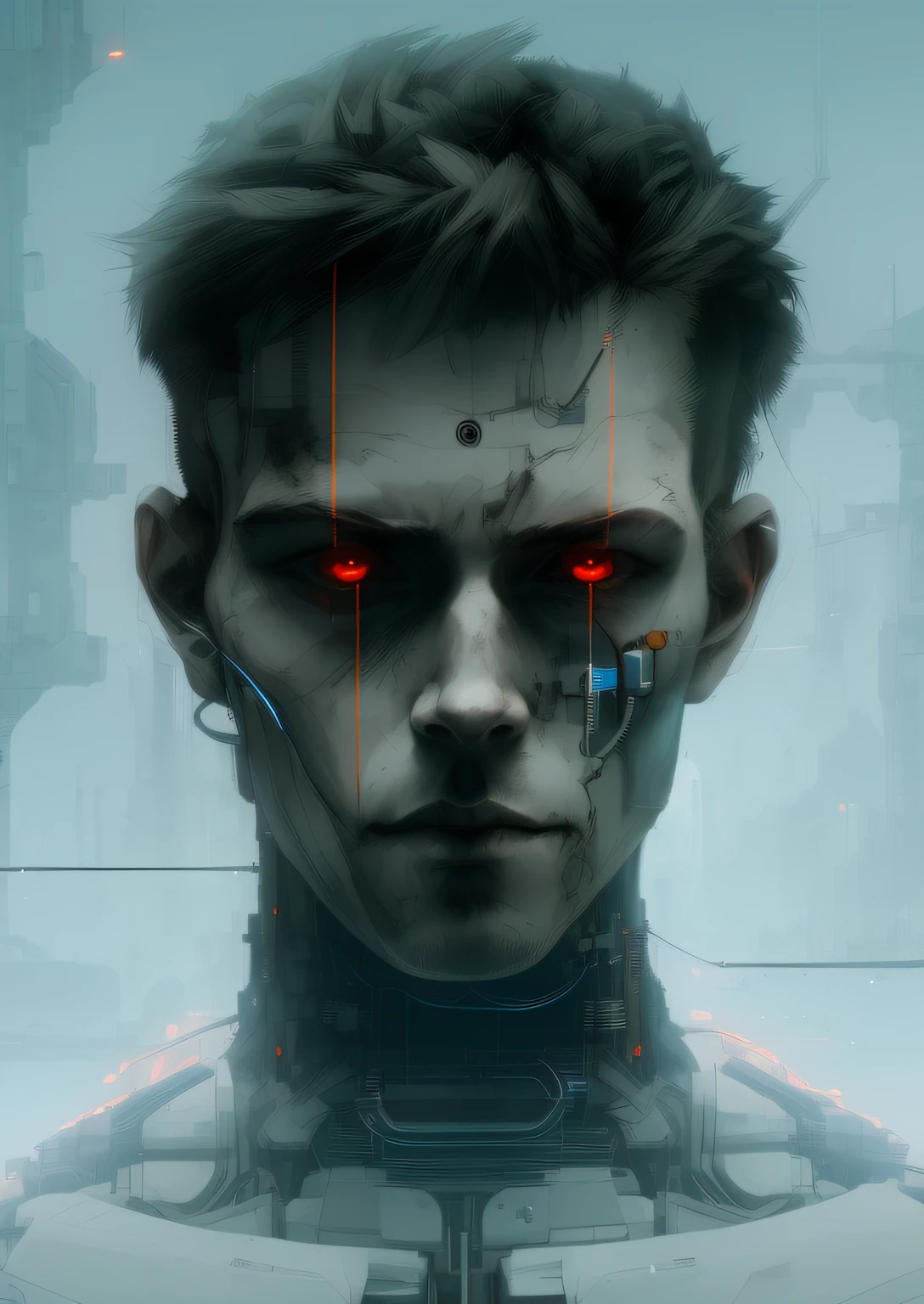 nousr robot (half human man:0.8),4k,fog,long hair,cinmatic,highly detailed by,cyberpunk style,seb mckinnon
and peter mohrbacher,inspire of,<lora:add-detail-xl:0.9>, <lora:cyberpunk:0.3>