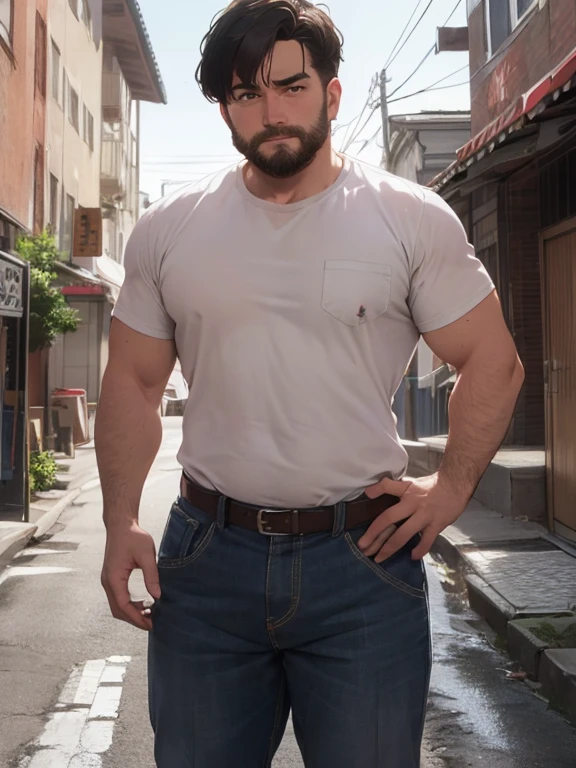 Paloroid image, old distroted, white shirt, dirty shirt, Hot hunk dadbod uncle, hairy, macho, redneck,