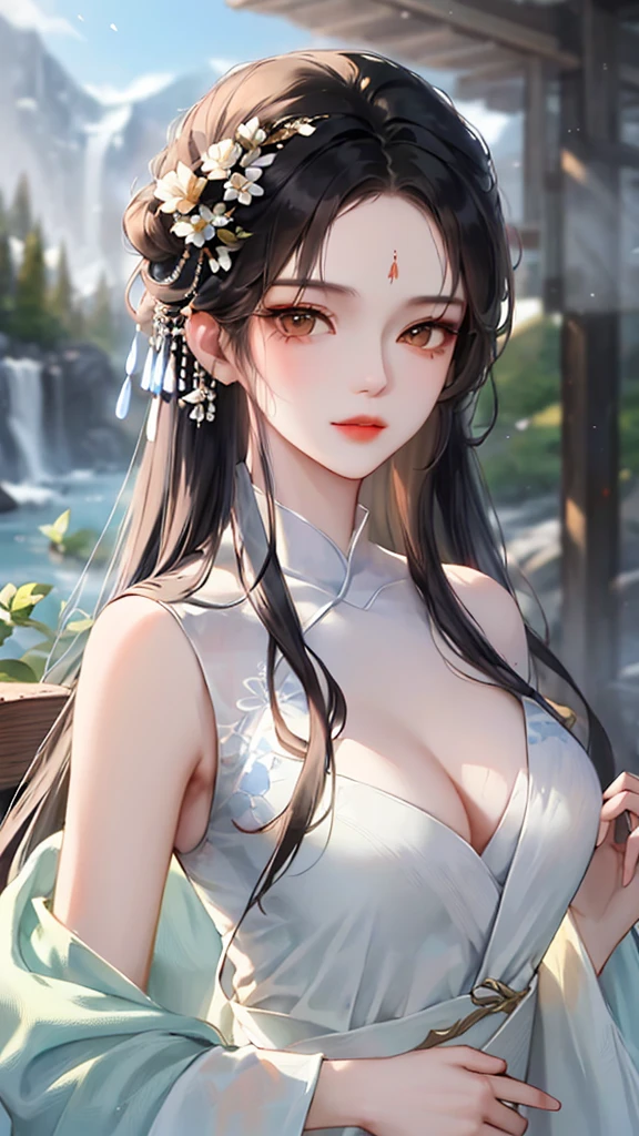 Yang Jie's ancient Wei Zi style masterpiece，Close-up of a woman with black hair，Exquisite epic character art，Presenting stunning aesthetics and antique atmosphere，The delicate brushstrokes and depth of field in the picture make you immersed in the scene，Fan Qiwu quasi-world can be regarded as the beauty of mountains and rivers。