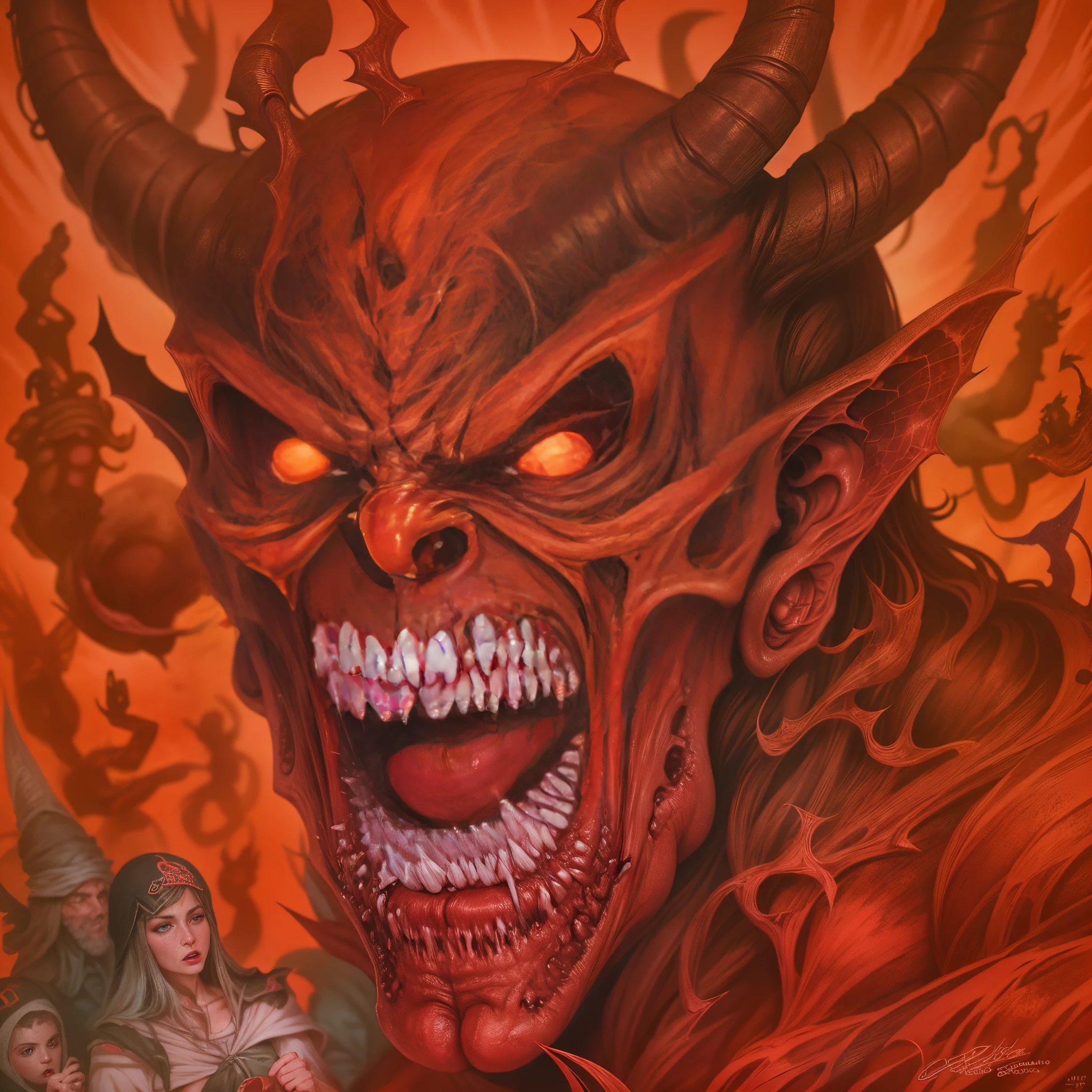 Horror-themed cinematic film still,a horrifying red-skinned male demon king, (detailed monstrous evil face:1.4), screaming, (detailed scaly skin texture:1.2), long curved horns, (in hell, swirling tormented souls, billowing smoke:1.5), ignette, highly detailed, high budget, bokeh, cinemascope, moody, epic, gorgeous, film grain, grainy . Eerie, unsettling, dark, spooky, suspenseful, grim, highly detailed