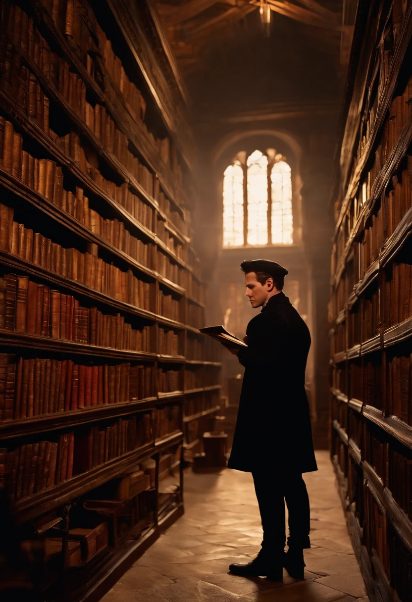 A photo of the character exploring a mysterious old library filled with ancient books and artifacts,original,he is rick astley