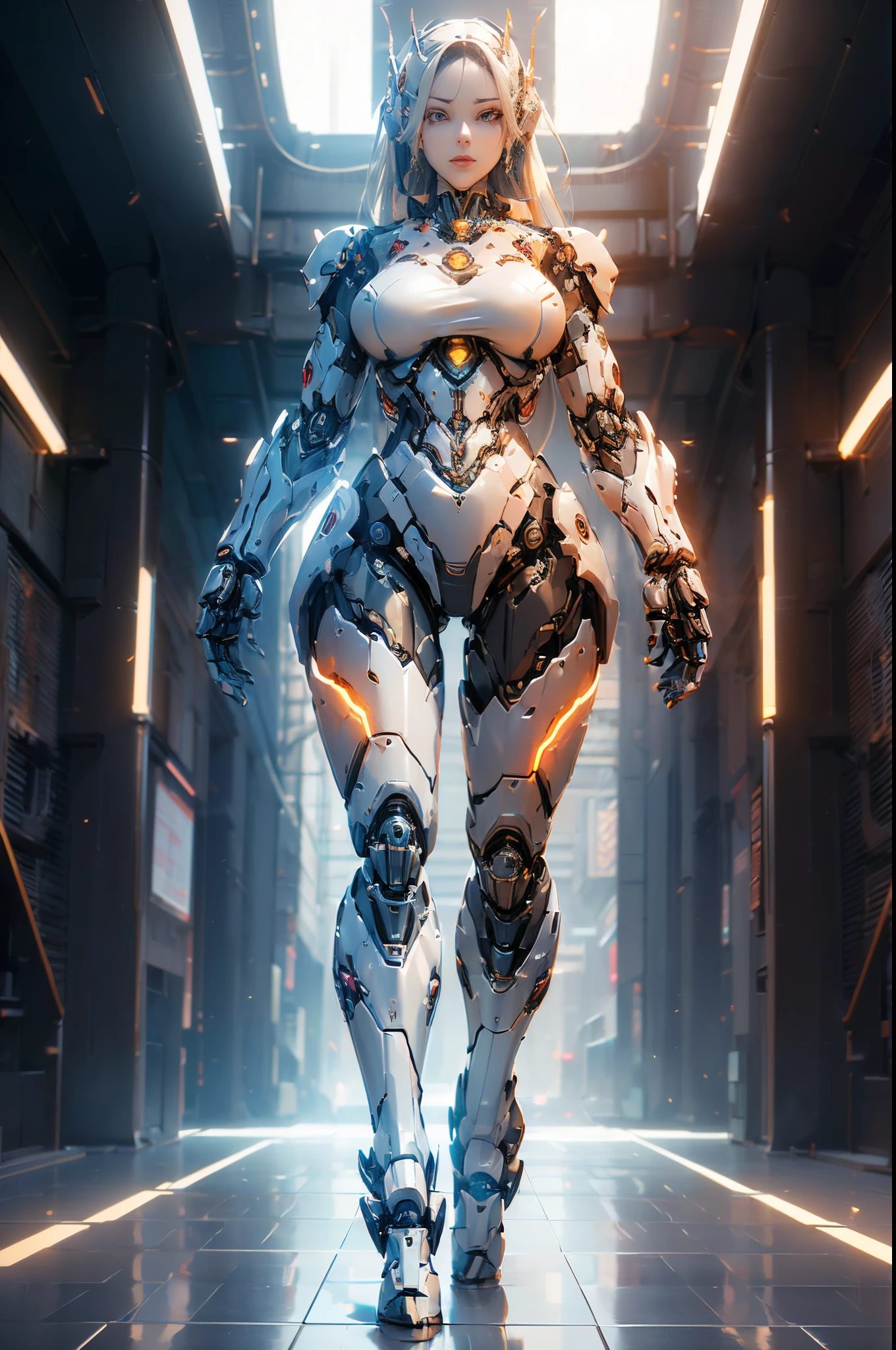 (generate a female robot, big robot breast, mecha cyber armor, raytracing, beautifull fingers, beautifull hands, (4 fingers in 1 hand), full body photoshoot, perfect anatomy, good lighting, professional photoshoot, sharp eye, fresh lips