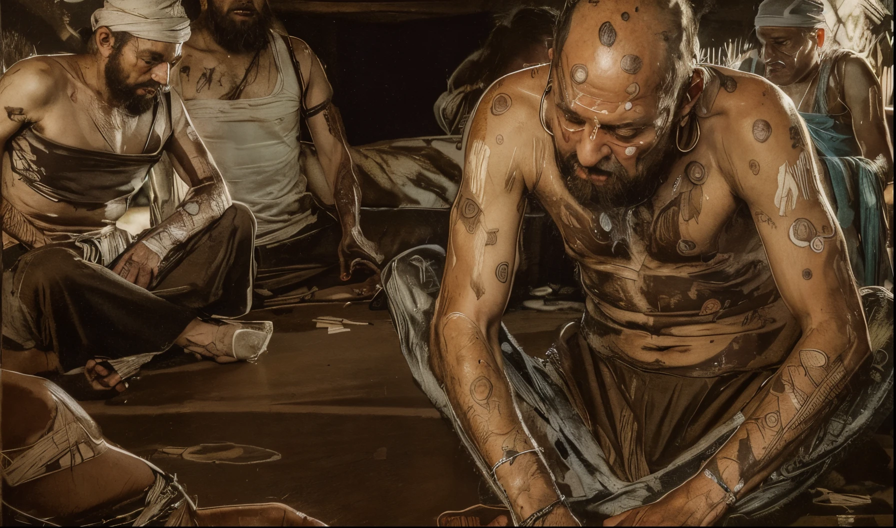 (best quality,realistic,highres,masterpiece:1.2),Jó sitting with leprosy, wounds all over his body,friends surrounding