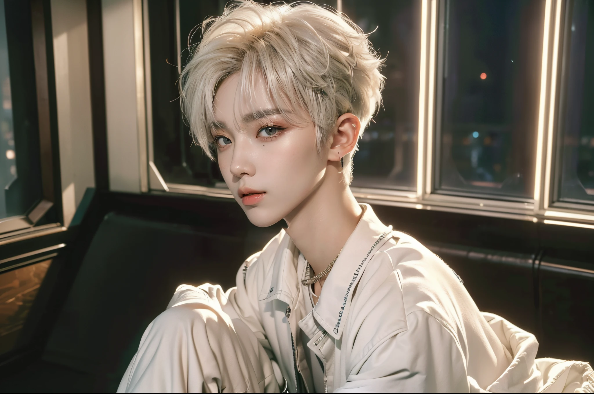 ((4K works))、masterpiece、(top-quality)、((high-level image quality))、((One Manly Boy))、Slim body、((Attractive and sexy jeans fashion))、((Men's Fashion))、(Detailed beautiful eyes)、In a soundproof room、Record a song、Face similar to Chaewon in Ruseraphim、((short hair above the ears))、((Smaller face))、((Neutral face))、((White hair))、((Brown eyes))、((Korean boy))、((18year old))、((Handsome man))、((sings))、((Korean Makeup))、((elongated and sharp eyes))、((Like a celebrity))、Everyday photography、((Shot alone))、((Shot diagonally from the side))、((Upper body photography))、((Model photo))