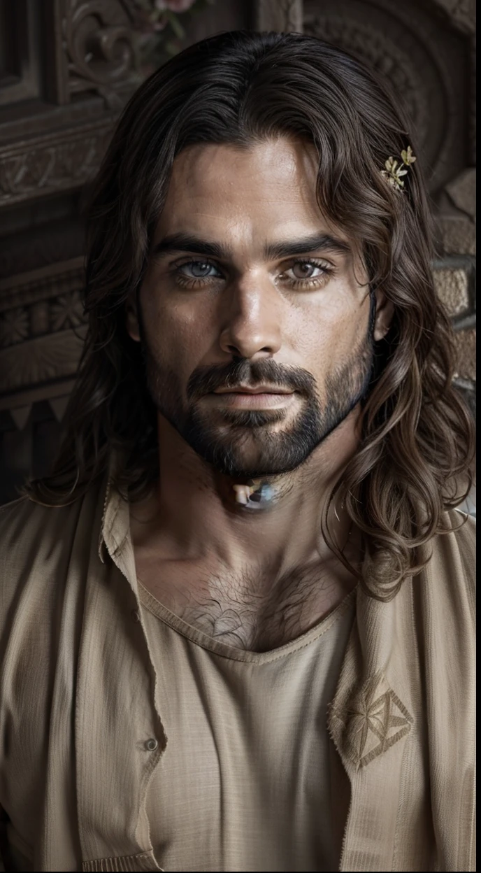 Seth Rollins as Jesus Christ, focus on the details of the face, similar to seth rollins, wearing long beige tunic of Jesus, Jesus style of the Bible, realistic image, background of the heavenly garden image with animals and flowers, best quality, 8k, focus on the details.