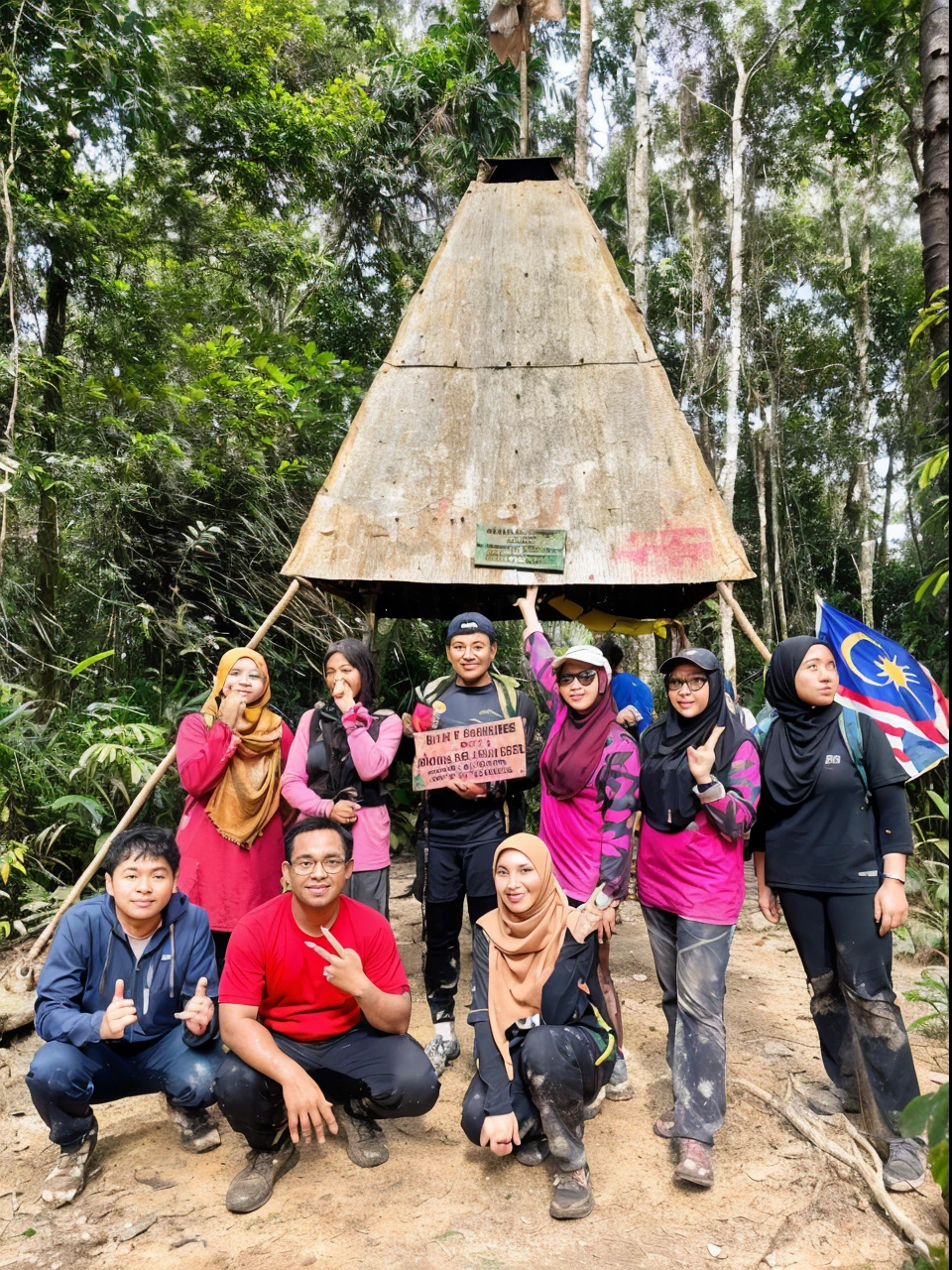 several people posing for a picture in front of a hut, in jungle forest !!!, 1km tall, in jungle forest peak, group photo, malaysia jungle, malaysian, in jungle forest, with village, with many travelers, with a brilliant, in a jungle environment, 🚿🗝📝, inspired by Bohumil Kubista, in forest jungle