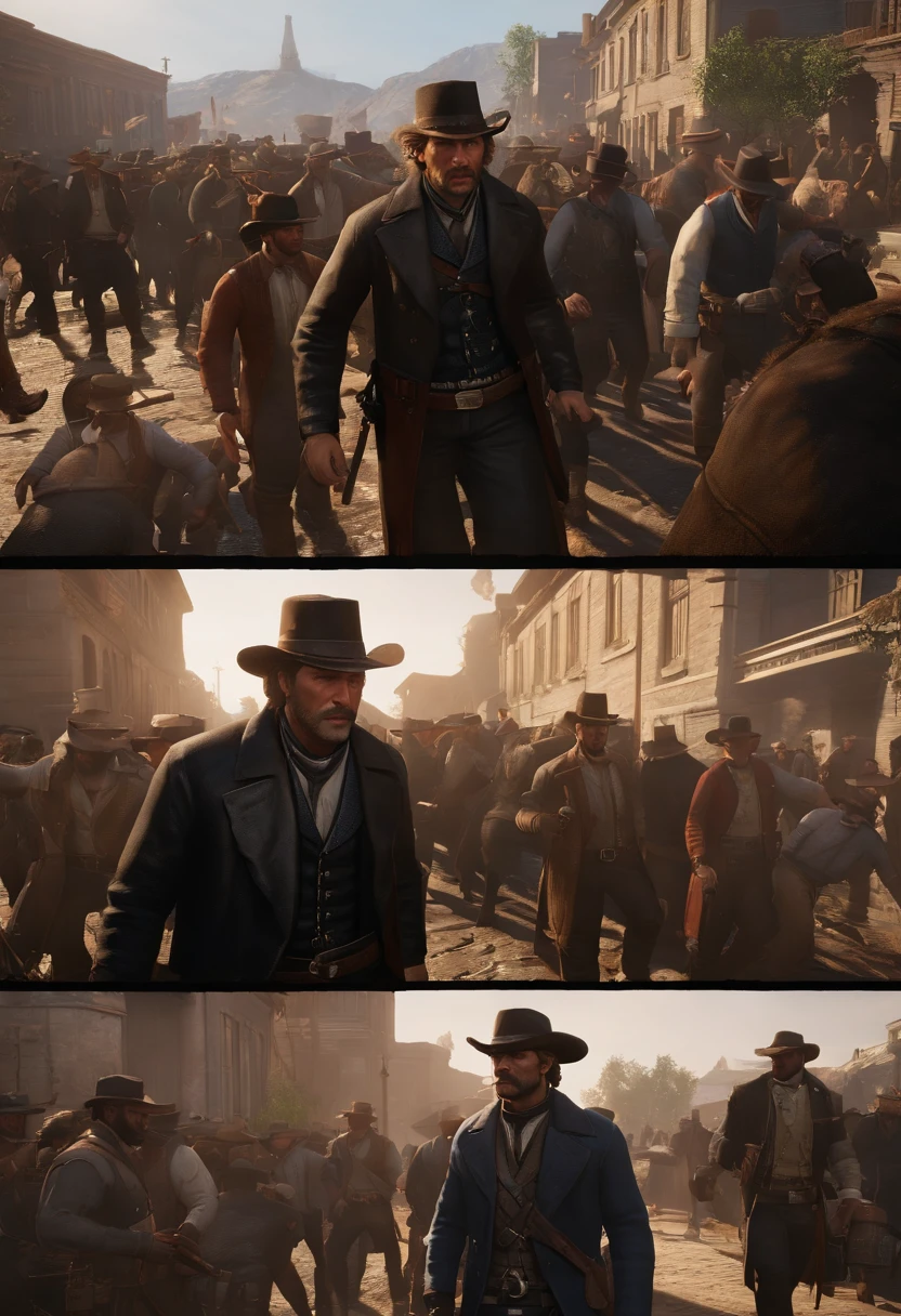 A photo of a crowded street, with people yelling and fighting. Trash cans are knocked over and there are broken bottles on the ground.,Red Dead Redemption 2,Micah has shoulder-length blond hair, along with a thick horseshoe mustache and side-whiskers. Micah is slightly portly and often wears an undone black leather coat, a red or black shirt accompanied by a red vest, a blue neckerchief, beige trousers, and a white hat.