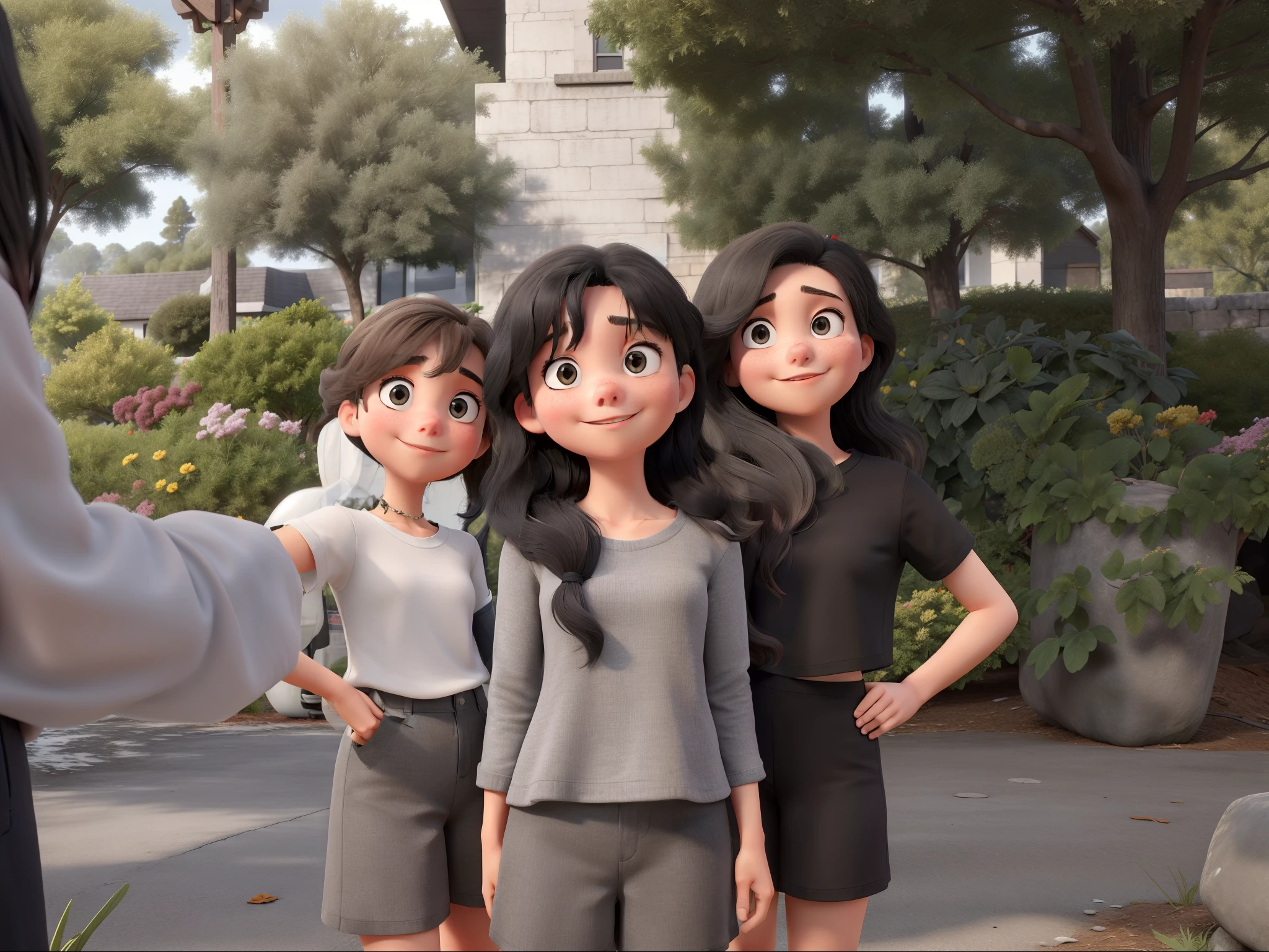 3 girls standing and wearing a black, gray, and white top