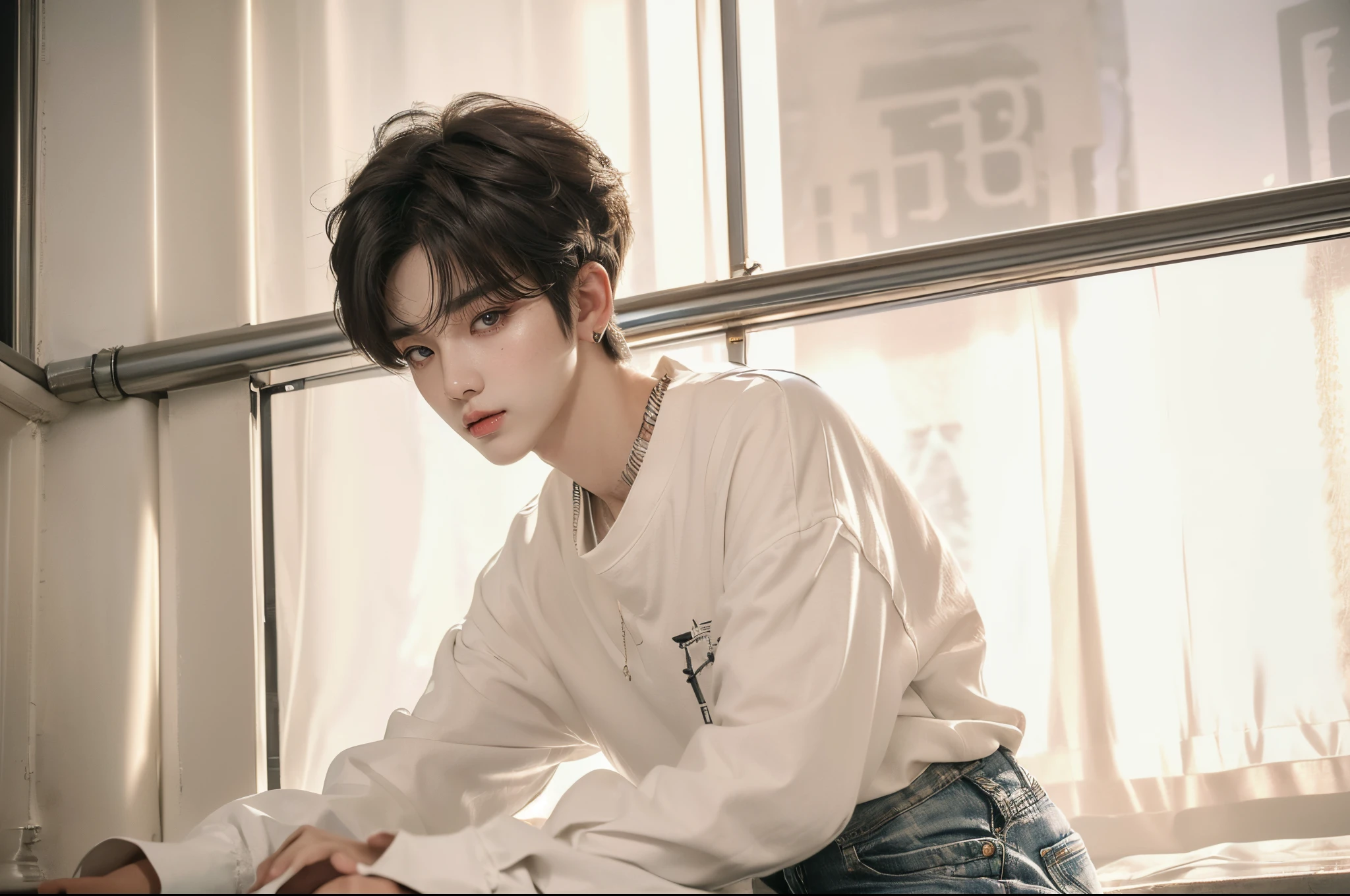 ((4K works))、​masterpiece、（top-quality)、((high-level image quality))、((One Manly Boy))、Slim body、((Attractive and sexy jeans fashion))、((Men's Fashion))、(Detailed beautiful eyes)、In a soundproof room、Record a song、Face similar to Chaewon in Ruseraphim、((short hair above the ears))、((Smaller face))、((Neutral face))、((White hair))、((Brown eyes))、((Korean boy))、((18year old))、((Handsome man))、((sings))、((Korean Makeup))、((elongated and sharp eyes))、((Like a celebrity))、Everyday photography、((Shot alone))、((Shot diagonally from the side))、((Upper body photography))、((Model photo))