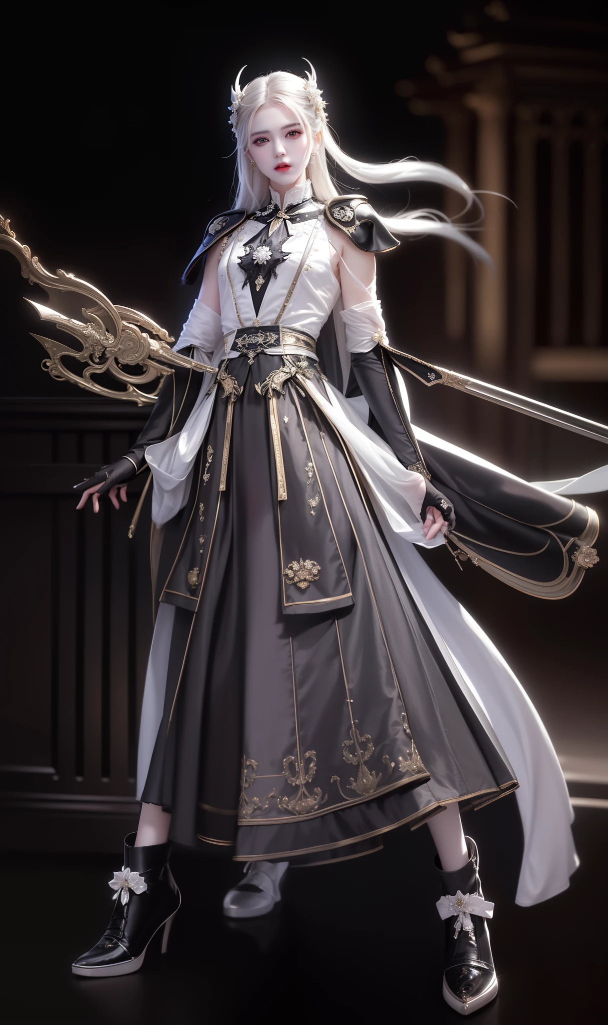 masterpiece, highest quality, (solo focus), (perfect face:1.1), (high detail:1.1),dramatic, 1guy, (pale skin), long black hair, white eyes, solo, long hair, moon, night, white luxury suit, vampire, covered navel, pouty lips, covered, victorian city, detailed background, gothic renaissance, cinematic lighting,
