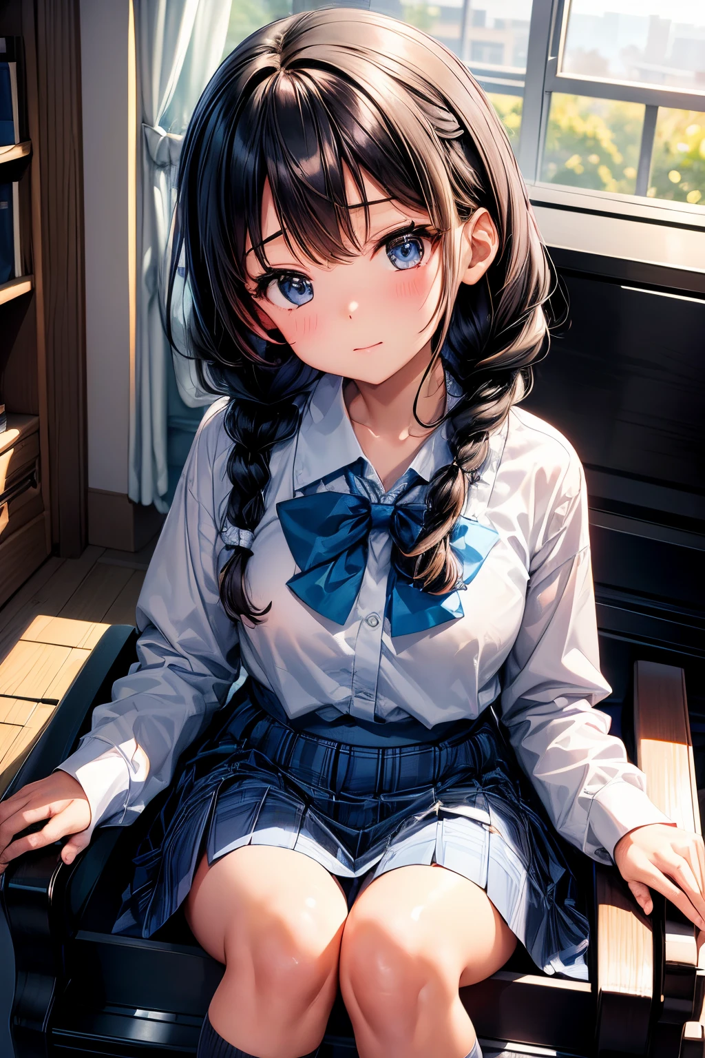 (8K, Best Quality, masutepiece:1.2)、超A high resolution、1 16-year-old female、Detailed fingers、head tilt、detailed face、deep detailed eyes、happy、long sleeve school uniform、navy skirt in plaid skirt、Black hair、twin braids、独奏、Detailed fingers、((There is a grand piano)) ,School Music Room、Sunset