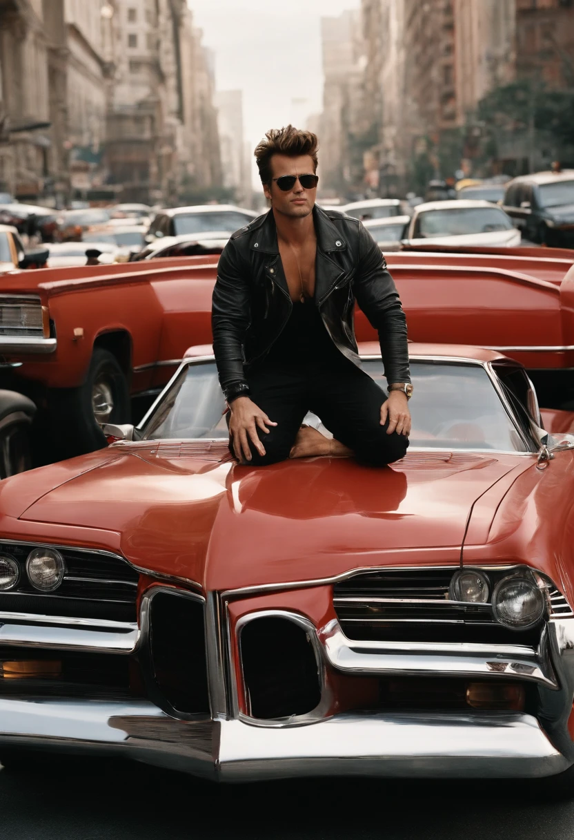 A photo of Tyler Durden standing on top of an overturned luxury car, in the middle of a traffic jam.,original,Visually, Tyler is depicted as the epitome of a certain rugged, careless coolness, with a chiseled physique, unkempt hair, and a devil-may-care attitude expressed through his disheveled yet somehow stylish clothing. He frequently sports a red leather jacket, flashy shirts, and a penchant for soap making, which serves as a metaphor for his ability to cleanse and rebuild the identities of his followers.