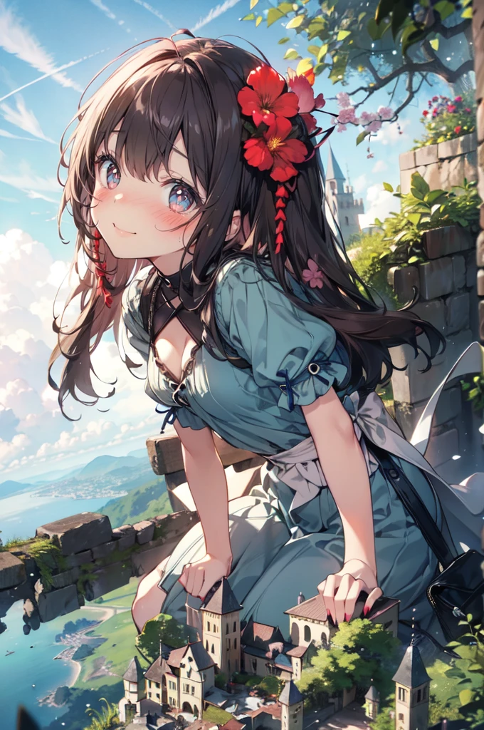 AND (medieval castle town from sky view on a cliff: 1.4), (stone castle town from sky view on a cliff: 1.1), cliffs from sky view, landscape from sky view, (medieval castle village from sky view: 1.2),, (giantess:1.2), hills, cliffs, fantasy, happy, (tiny breasts: 1.4), brown_hair, long_hair, red_eyes, symbol-shaped_pupils, twintails, bangs, flower, flower-shaped_pupils, smile, blush, hair_between_eyes, breasts, very_long_hair, black_nails, hair_ornament, plum_blossoms, hair_flower
(A high resolution,ultra-delicate,best quality, masterpiece, Best quality at best), NFSW, absurderes, high resolution, ((best quality)), ((ultra-detailed)), beautiful face, (shiny_skin:1.2)