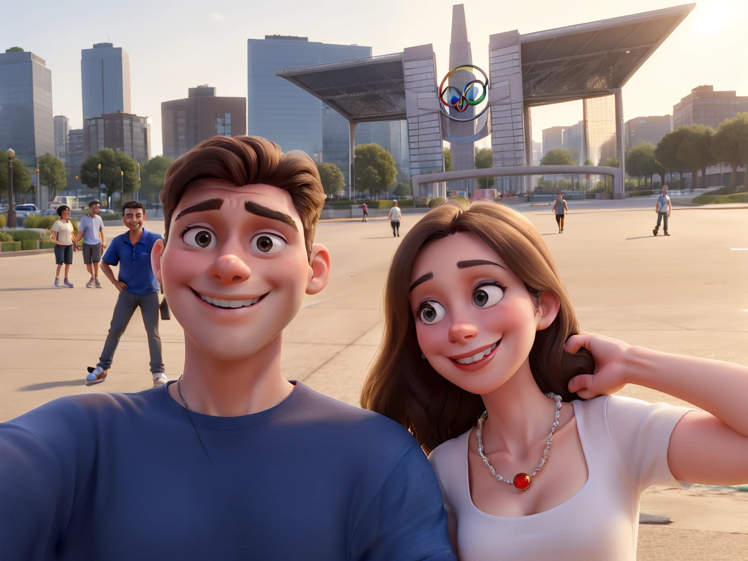 A dark blond woman with white beige t-shirt, wearing a perle necklace, smiling, with red lipstick and holding her hair with her left hand on the left side next to a black haired man wearing a blue shirt, smiling and looking happy, both looking at the camera smiling and the man is holding the camera, in the background there are high buildings and behind the couple there’s the Olympic Games gate and there are also a few people walking and skating in the background, it’s afternoon and it’s a bit sunny
