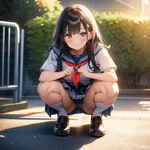 spread legs, squatting,pussy focus,cameltoe, school uniform, serafuku, pleated skirt, sailor collar, white shirt,