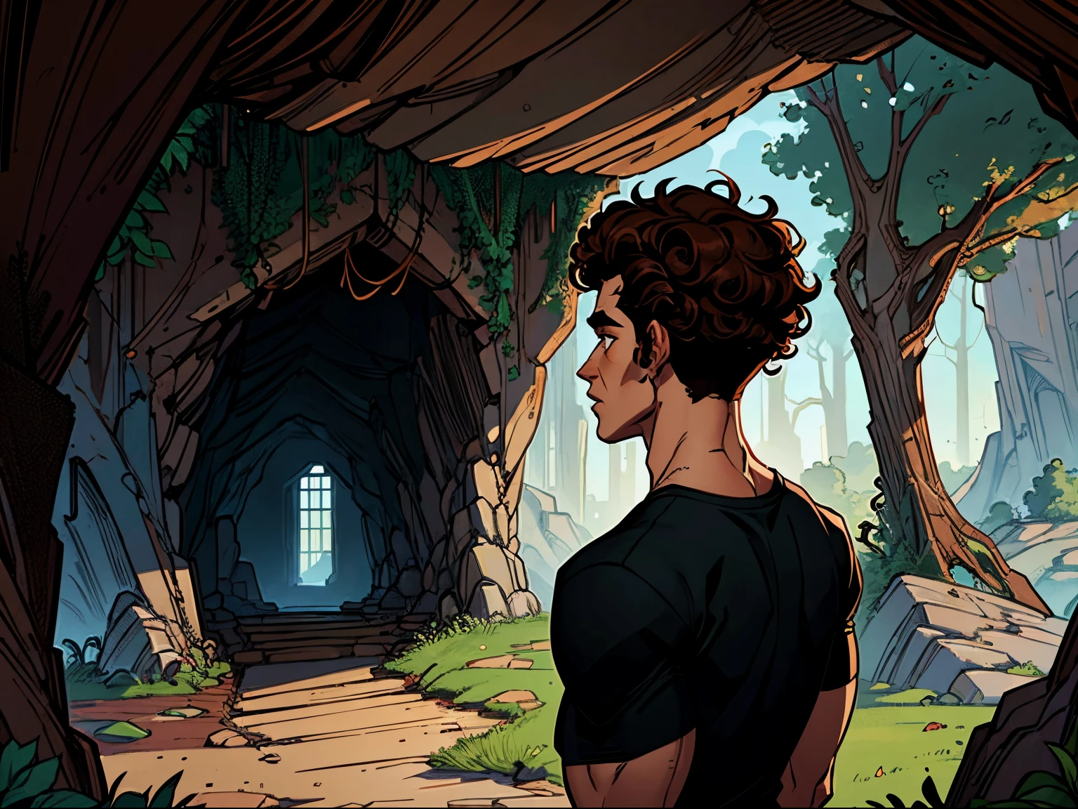 best quality, masterpiece, highres, 1boy, solo, back view, young muscular man in a black shirt, curls on top of his head, short hair on top of his head, around 18 years old, brown hair, curly middle part haircut, discovers a hidden entrance to a cave, partially obscured by foliage