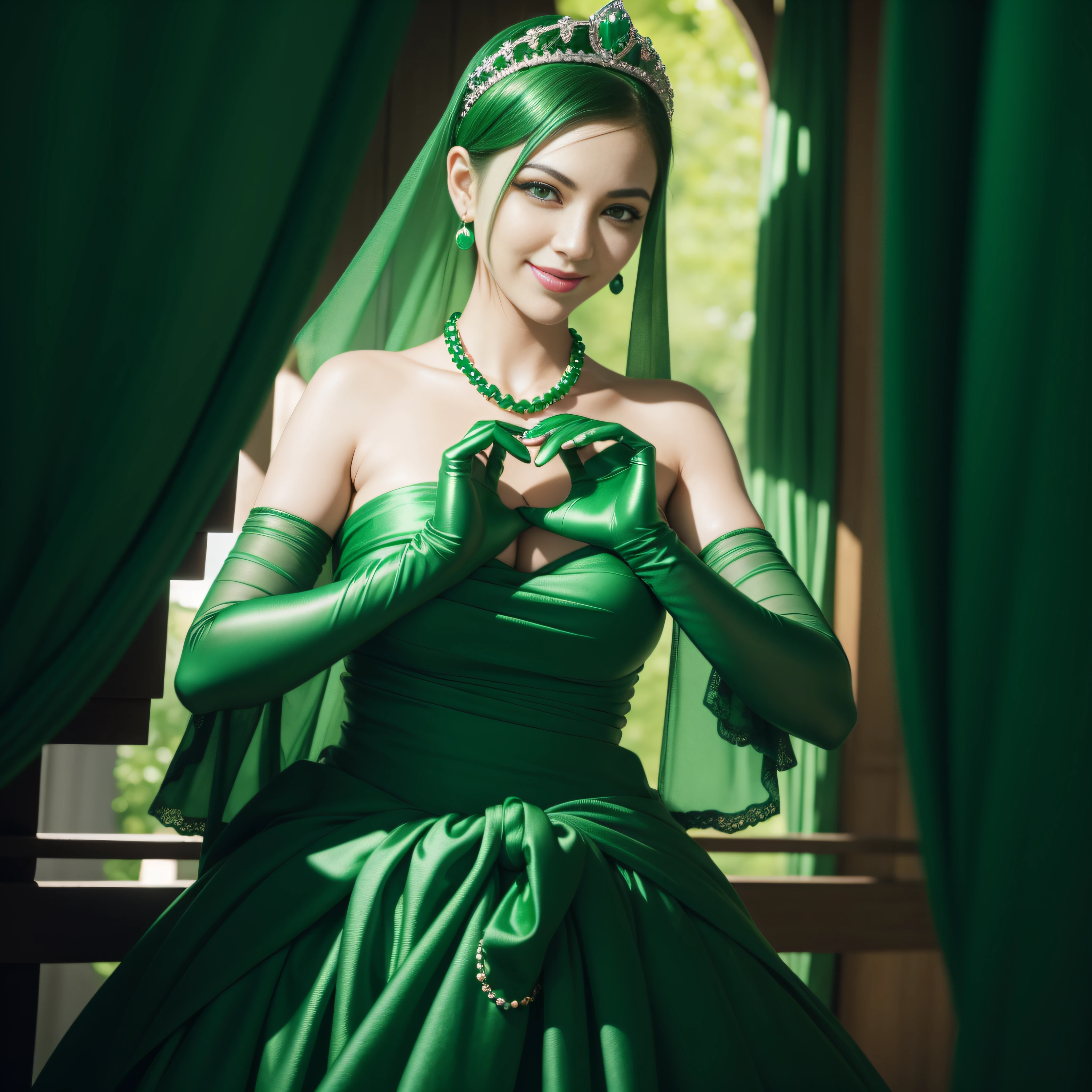 emerald tiara, Green Pearl Necklace, Boyish very short green hair, lipsticks, Japan woman smiling, very short short hair, big breasts beautiful, Green eyes, Long green gloves made of satin material, Green eyes, Emerald Earrings, green vale, Heart with both hands