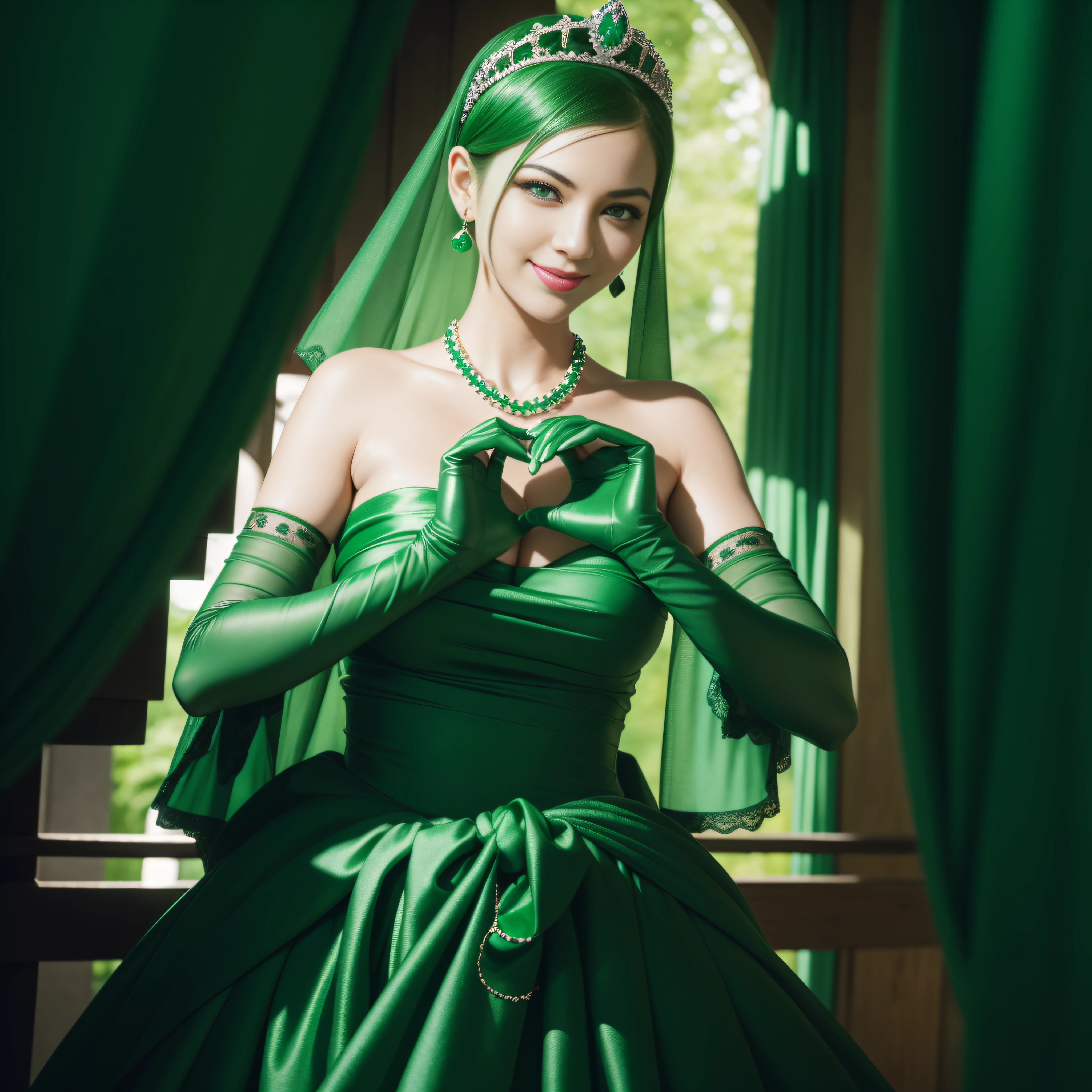 emerald tiara, Green Pearl Necklace, Boyish very short green hair, lipsticks, Japan woman smiling, very short short hair, big breasts beautiful, Green eyes, Long green gloves made of satin material, Green eyes, Emerald Earrings, green vale, Heart with both hands