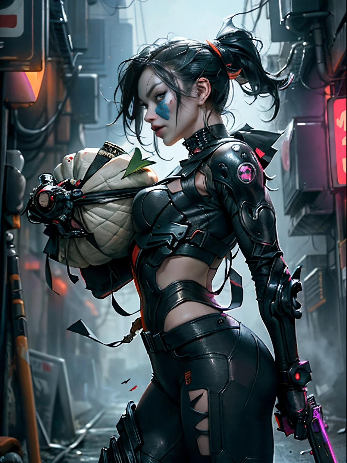 Death-stroke from DC carrying a pumpkin, Halloween theme,(top-quality、8K、32K、​masterpiece、nffsw:1.3)、(The ultra -The high-definition)、(Photorealsitic:1.4)、Raw photography,Perfect eyes,Charming perfect figure,actionpose:1.2,Detailed cyberpunk fashion、World of Cyberpunk,depth of fields,blurry backround,、