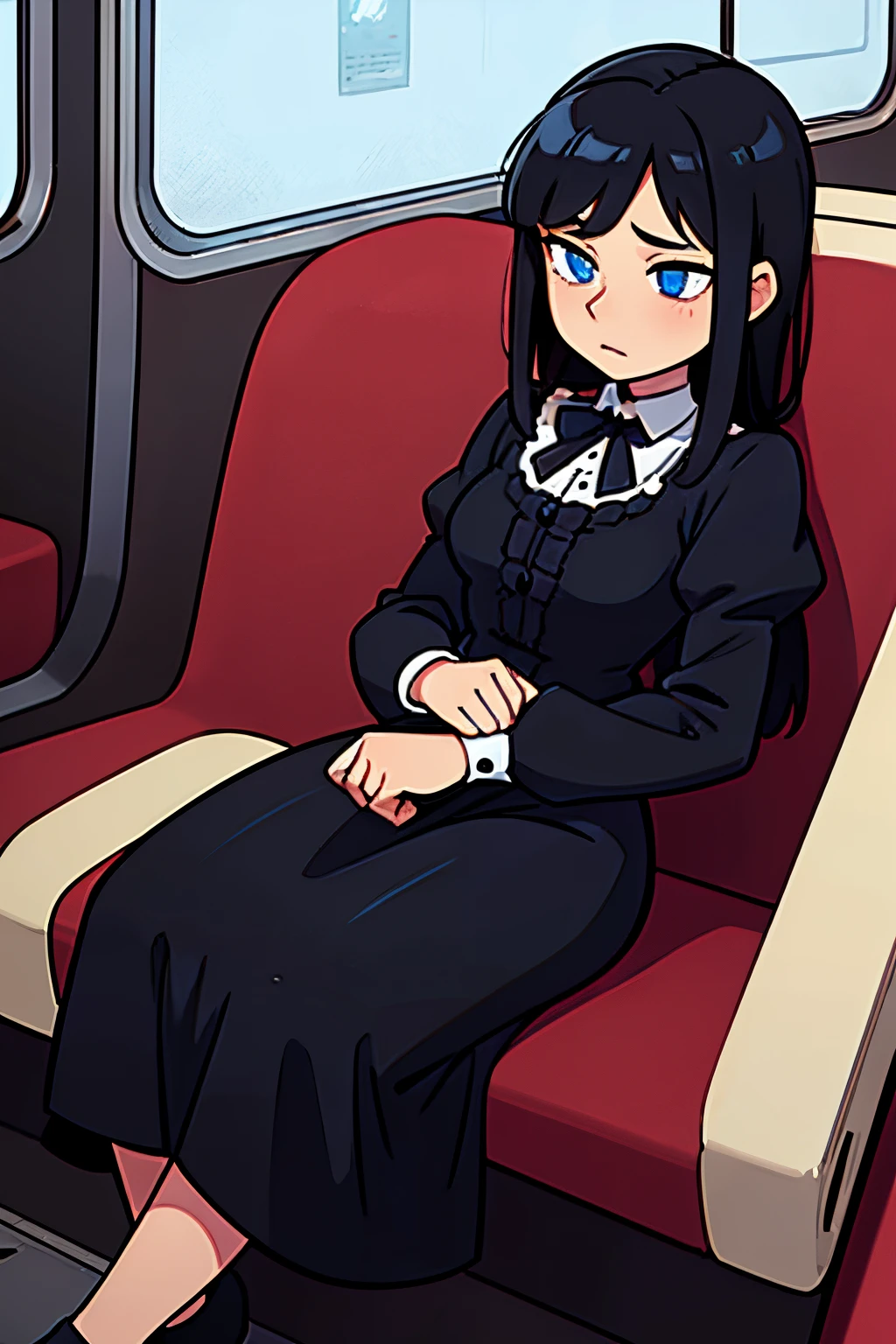 a girl with black hair, blue eyes wearining a black victorian dress sleeping on a train seat
