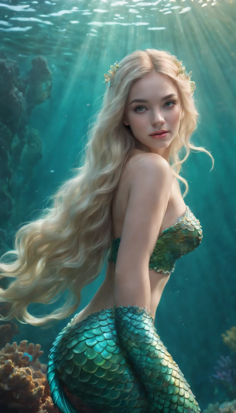 (professional photo:1.3) ((Mermaid swims all over)) (Realistic:1.3) most beautiful artwork photo in the world,(((Blond hair))), (( Brown eyes)), brunette, Caucasians, ((long mermaid tail)), (((Detailed mermaid fins))), full body, sport, Features: Soft and shiny, ((Epic mermaid fantasy long hair in dynamic pose,Full tail, Fantastic location, Majestic cluttered environment)), full body 8k unity render, action shot, skin pore, heavyshading, Detailed, Detailed face, (vibrant, photograph realistic, Realistic, Dramatic, Dark, Sharp focus, 8K), (fish scales:1.4), ((((Mermaid tail)))), (Intricate:1.4), decadent, (Highly detailed:1.4), Digital painting, rendering by octane, art stations, concept-art, smooth, Sharp focus, illustration, Art germ, (loish:0.23), (Global illumination, Studio light, volumettic light), Underwater, Ocean, lotr, fantasy, mermaid, ((Sea backgroun:1.3)),CGSesociety,art stations, surrounded by plenty of colorful coral fish,