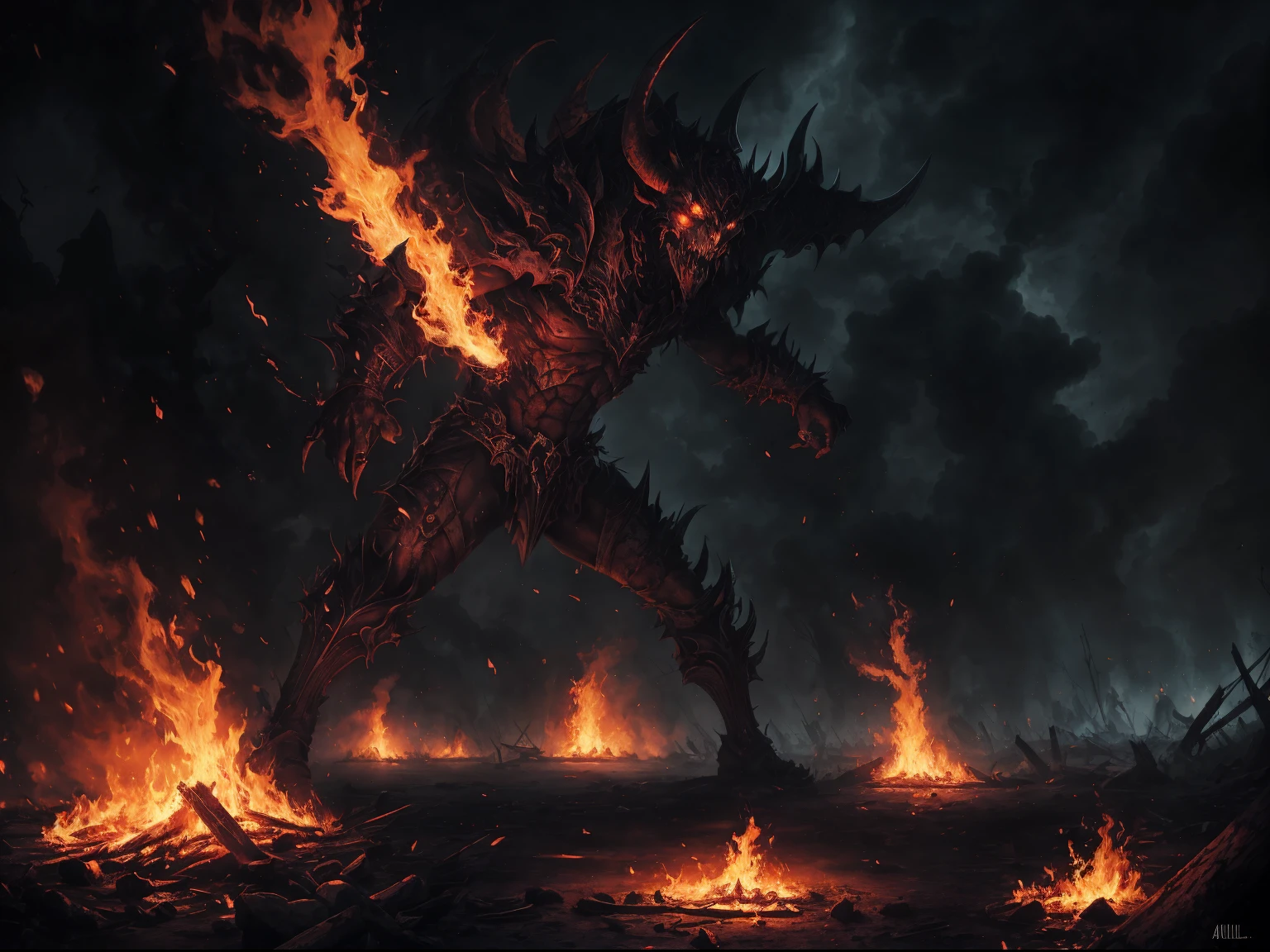 demonio rojo maldito rompiendo los 7 sellos,detailed demonic characteristics,ominous atmosphere,Sombras oscuras y reflejos,[siniestro],Fondo infernal,[apocalyptic],ojos llameantes y aliento de fuego,garras y colmillos manchados de sangre,[intenso],fuego del infierno y azufre,[Poder destructivo],Epic battle scene,High resolution artwork with extremely detailed description.,una pesadilla hecha realidad,Presencia poderosa e imponente,chaos and destruction unleashed,illuminated only by flickering flames,Paisaje devastado,macabro y aterrador,with a touch of gothic art,colores vibrantes con un oscuro, trasfondo siniestro[Arte conceptual de obra maestra],inquietante e inquietante,Ominous lighting and shadows