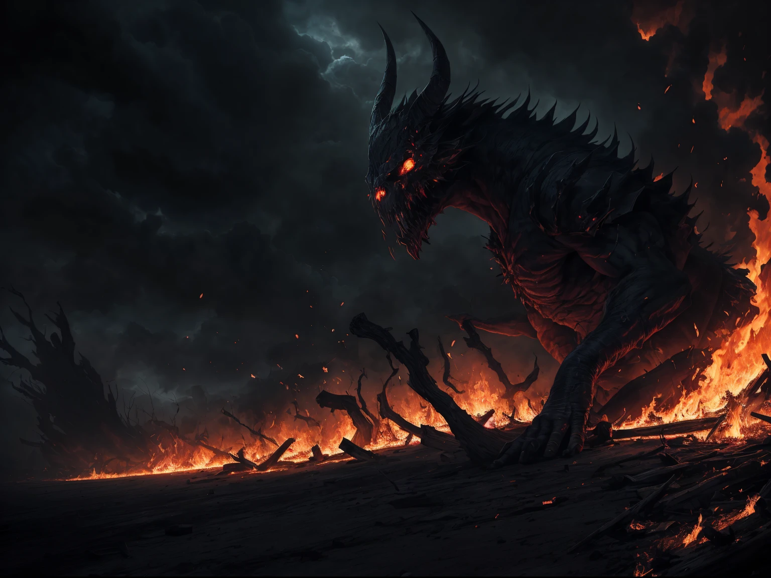 demonio rojo maldito rompiendo los 7 sellos,detailed demonic characteristics,ominous atmosphere,Sombras oscuras y reflejos,[siniestro],Fondo infernal,[apocalyptic],ojos llameantes y aliento de fuego,garras y colmillos manchados de sangre,[intenso],fuego del infierno y azufre,[Poder destructivo],Epic battle scene,High resolution artwork with extremely detailed description.,una pesadilla hecha realidad,Presencia poderosa e imponente,chaos and destruction unleashed,illuminated only by flickering flames,Paisaje devastado,macabro y aterrador,with a touch of gothic art,colores vibrantes con un oscuro, trasfondo siniestro[Arte conceptual de obra maestra],inquietante e inquietante,Ominous lighting and shadows