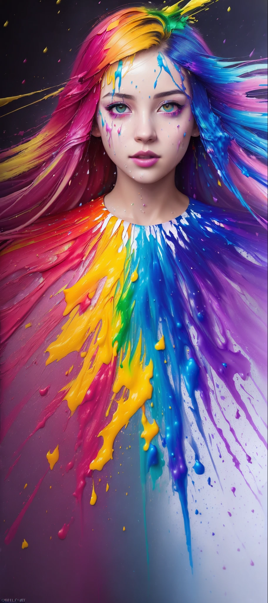 (level difference:1.8),(Paint colliding and splashing on the canvas),(depth of field),1girl's side face blends into it,((side face)),open mouth,(liquid paint rainbow hair:1.1) made of paint and defies gravity,thick flowing,(paint splatter:1.3),Liquid state,stunningly beautiful, masterpiece, detailed background,ultra high quality model, ethereal background,abstract beauty, explosive volumetric, oil painting,heavy strokes,Romantic lighting,Sub-Surface Scatterring,lens 135mm,f1.8,glow,8k,high resolution, dreamy,ray tracing,hdr,god rays,