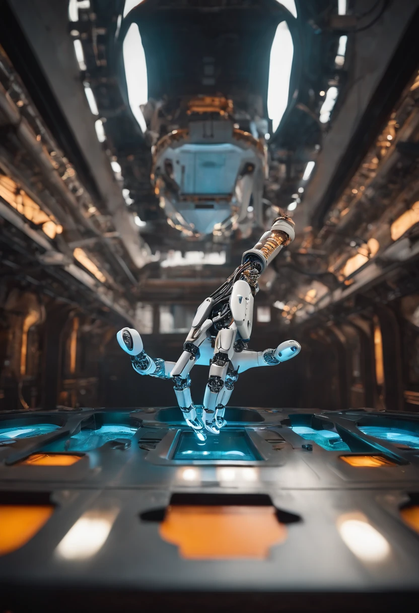 A close-up photo of a robotic hand assembling a complex puzzle,Portal series,GLaDOS is a robot suspended from the ceiling