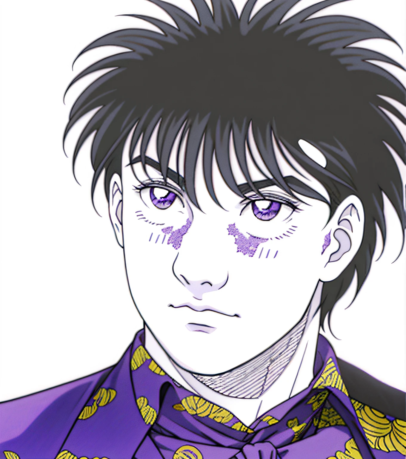 un dessin d'un homme avec une chemise violette et une cravate violette, kentaro miura manga style, Kentaro Miura Manga Art Style, Hajime no ippo Manga inspiré, Shinji Ikari, Style manga de Kentaro Miura, Kentaro Miura style artistique, Style Kentaro Miura, inspiré par Urakusai Nagahide