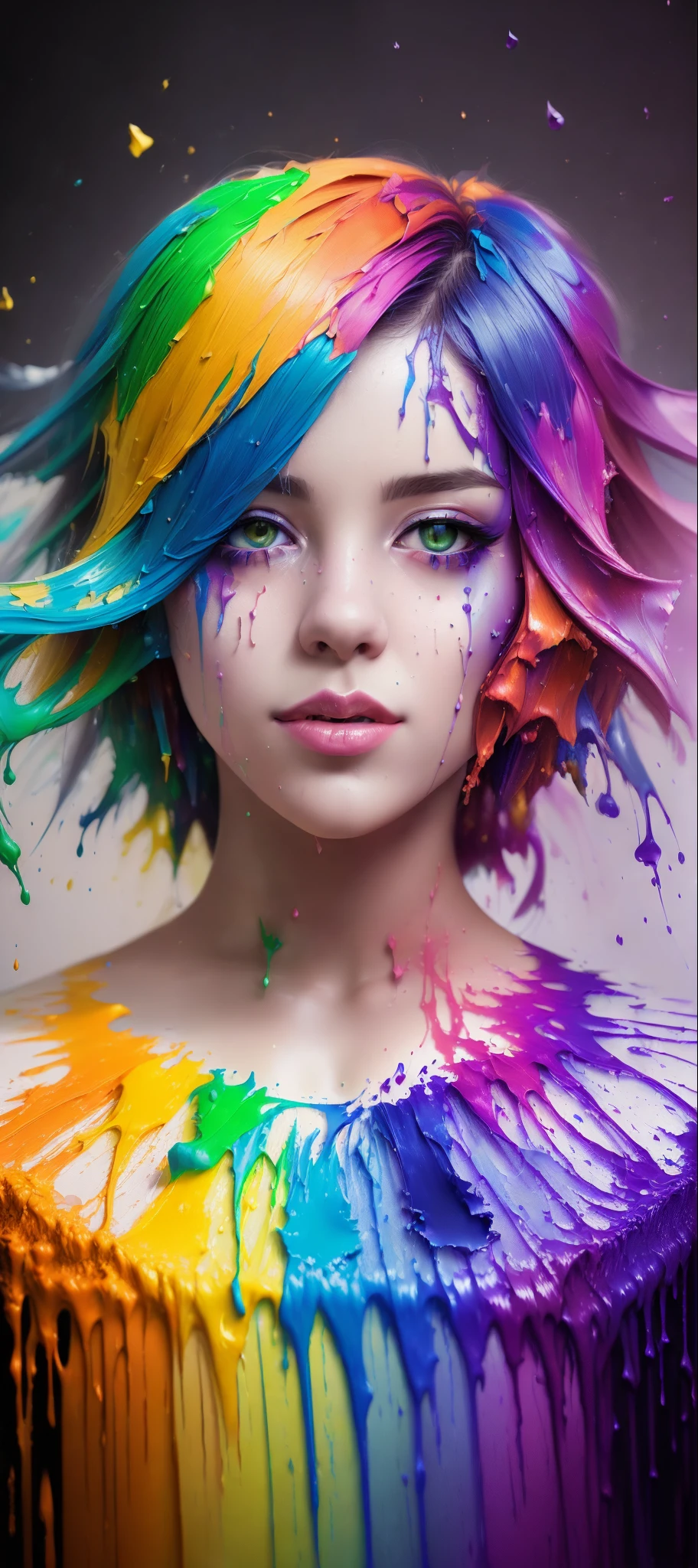 (nudity, explicit) (level difference:1.8),(Paint colliding and splashing on the canvas),(depth of field),1girl's side face blends into it,((side face)),open mouth,(liquid paint rainbow hair:1.1) made of paint and defies gravity,thick flowing,(paint splatter:1.3),Liquid state,stunningly beautiful, masterpiece, detailed background,ultra high quality model, ethereal background,abstract beauty, explosive volumetric, oil painting,heavy strokes,Romantic lighting,Sub-Surface Scatterring,lens 135mm,f1.8,glow,8k,high resolution, dreamy,ray tracing,hdr,god rays,