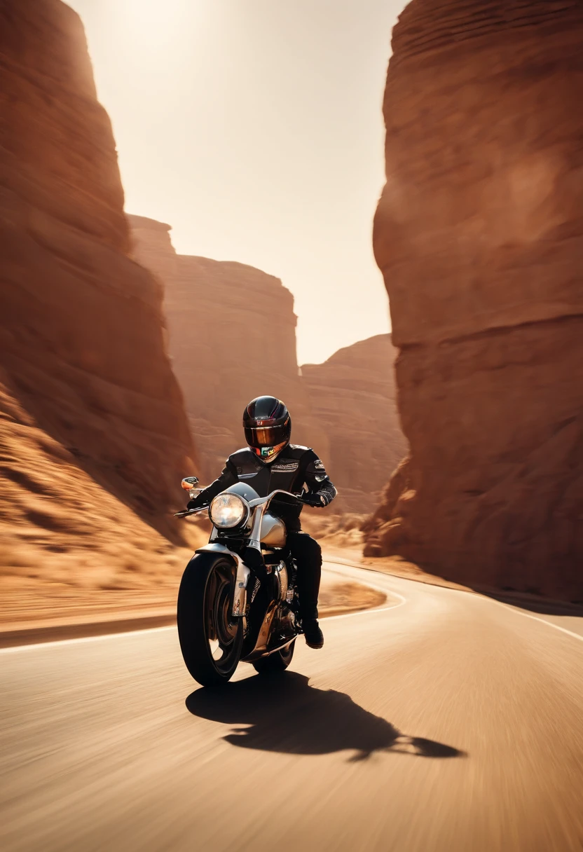 A photo of Sterling riding a luxury motorcycle through the desert,original,Max “Velocity” Sterling, a fictional Formula One champion, is the epitome of speed and charisma on the racetrack. With a sharp, athletic build, his appearance is as flashy as his driving style, often seen in custom racing gear emblazoned with bold logos and his trademark lightning symbol. His hair is styled with the same carefree audacity that he shows behind the wheel, and his confident, roguish smile has made him a heartthrob in the international racing scene.