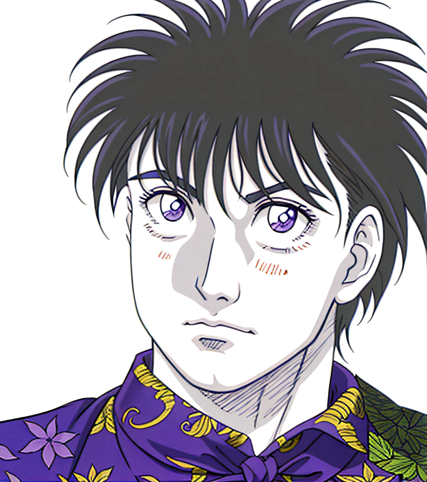 un dessin d&#39;un homme avec une chemise violette et une cravate violette, kentaro miura manga style, Kentaro Miura Manga Art Style, Hajime no ippo Manga inspiré, Shinji Ikari, Style manga de Kentaro Miura, Kentaro Miura style artistique, Style Kentaro Miura, inspiré par Urakusai Nagahide