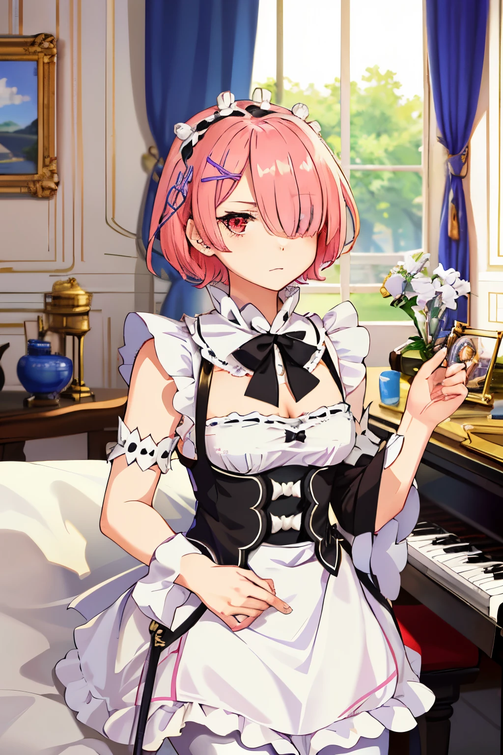 ((best quality)), ((masterpiece)), illustration, (detailed), 1girl, ram_rezero, cute, chibi, piercing gaze, pink hair:1.1, short hair, (hair over one eye:1.3), red eyes:1.2, roswaal mansion maid uniform, apron, (white pantyhose:1.2), looking at viewer, upper body, angry, annoyed, disgusted, glaring, mansion, (high-resolution:1.2),