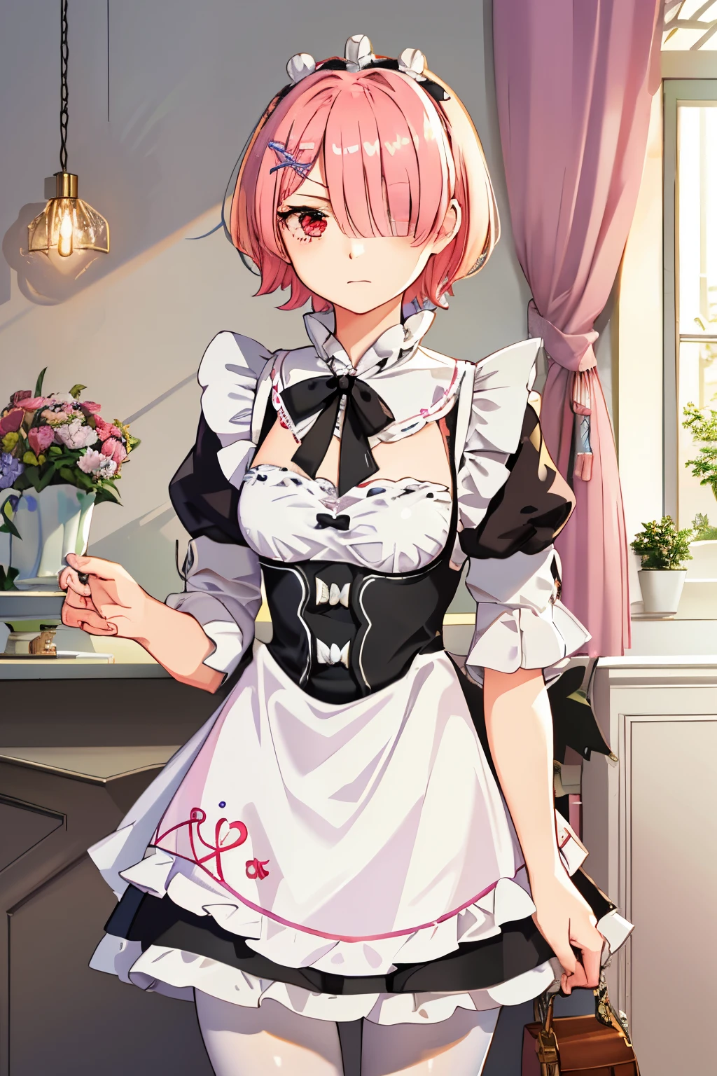 ((best quality)), ((masterpiece)), illustration, (detailed), 1girl, ram_rezero, cute, chibi, piercing gaze, pink hair:1.1, short hair, (hair over one eye:1.3), red eyes:1.2, roswaal mansion maid uniform, apron, (white pantyhose:1.2), looking at viewer, upper body, angry, annoyed, disgusted, glaring, mansion, (high-resolution:1.2),