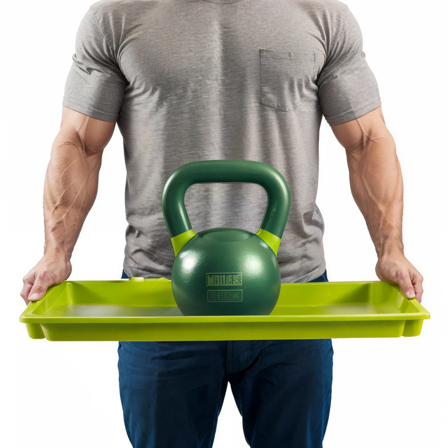 muscular man holding a green tray with a kettlebell on it, carrying a tray, full product shot, fully functional, set against a white background, scenic full shot, sturdy body, easy to use, full scene shot, flat, full-body, full - body, full subject shown in photo, product design shot, upper torso included, muscular man,