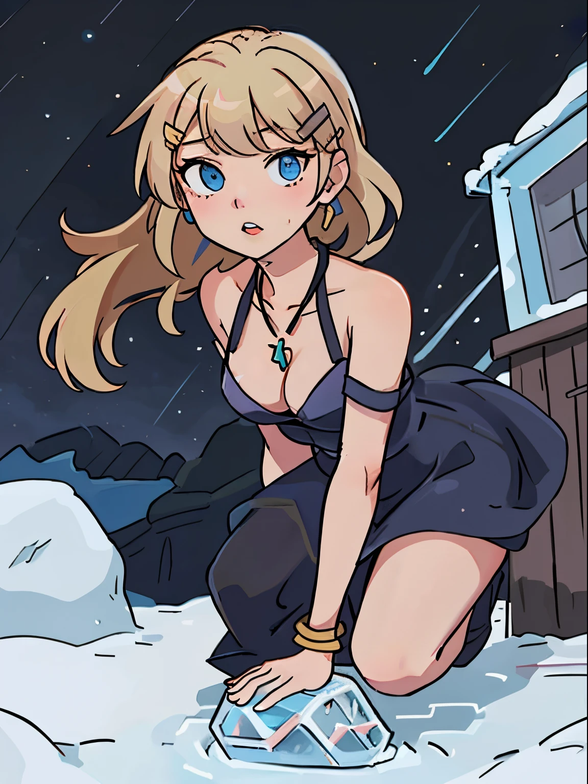 Blonde hair, blue eyes, gown, 1girl, small breasts, jewelry, long hair, necklace, solo, hair ornament, cleavage, sidelocks, bare shoulders, cloudy night, earrings, revealing clothes, bangs, hairclip, looking at viewer, (action shot, crouching: 1.25), crawling, prowling, thighs, simple background, bracelet, playful face, parted lips, halterneck, (at an ice hotel:1.2)