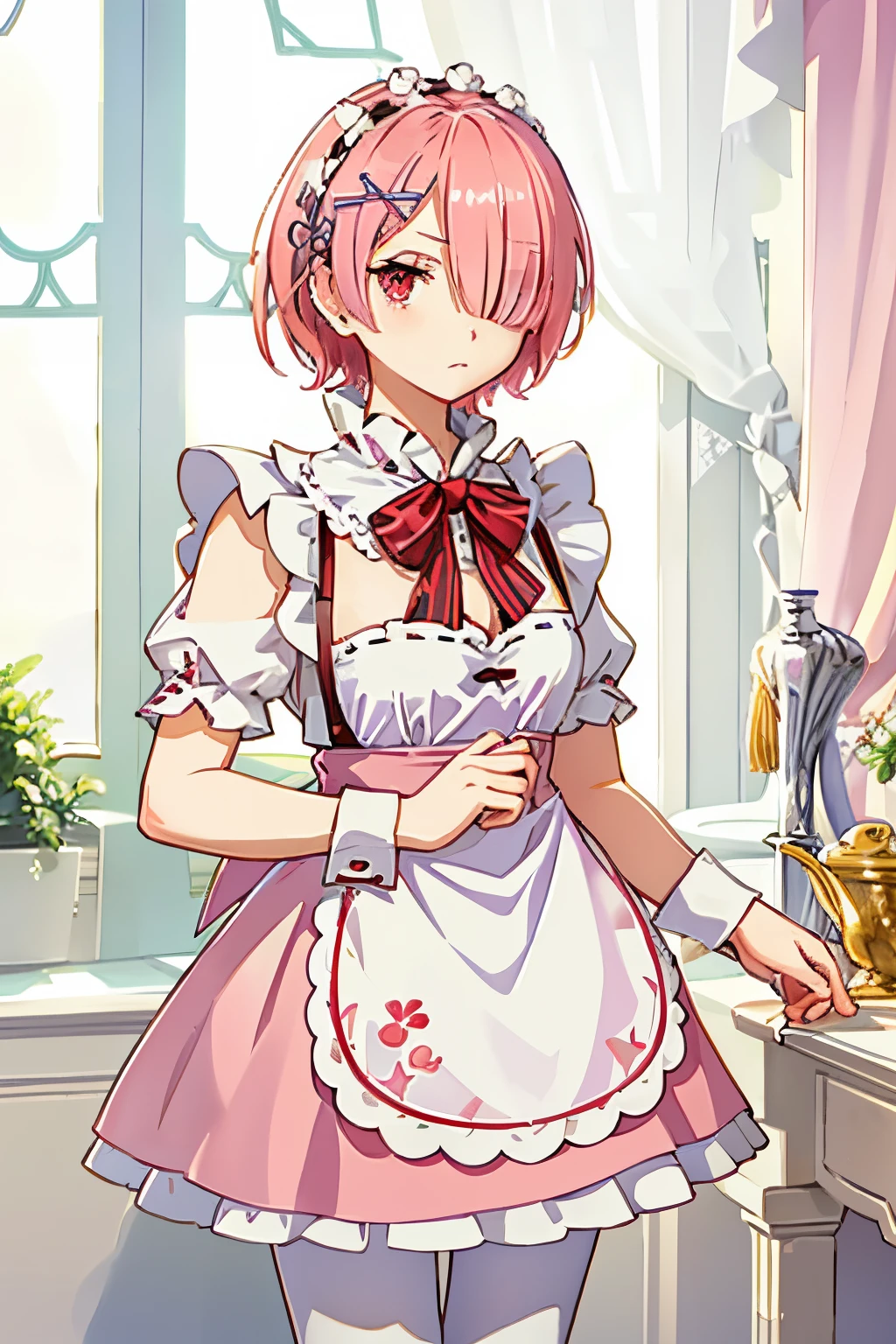 ((best quality)), ((masterpiece)), illustration, (detailed), 1girl, ram_rezero, cute, chibi, piercing gaze, pink hair:1.1, short hair, (hair over one eye:1.3), red eyes:1.2, roswaal mansion maid uniform, apron, (white pantyhose:1.2), looking at viewer, upper body, angry, annoyed, disgusted, glaring, mansion, (high-resolution:1.2),