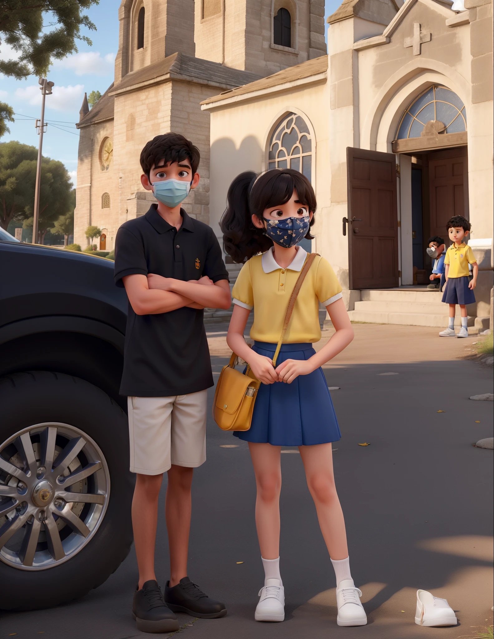 a girl and a boy standing outside the church and the girl are wearing white shoes, yellow top, blue skirt and the girl is wearing face mask and the boy is wearing black polo
