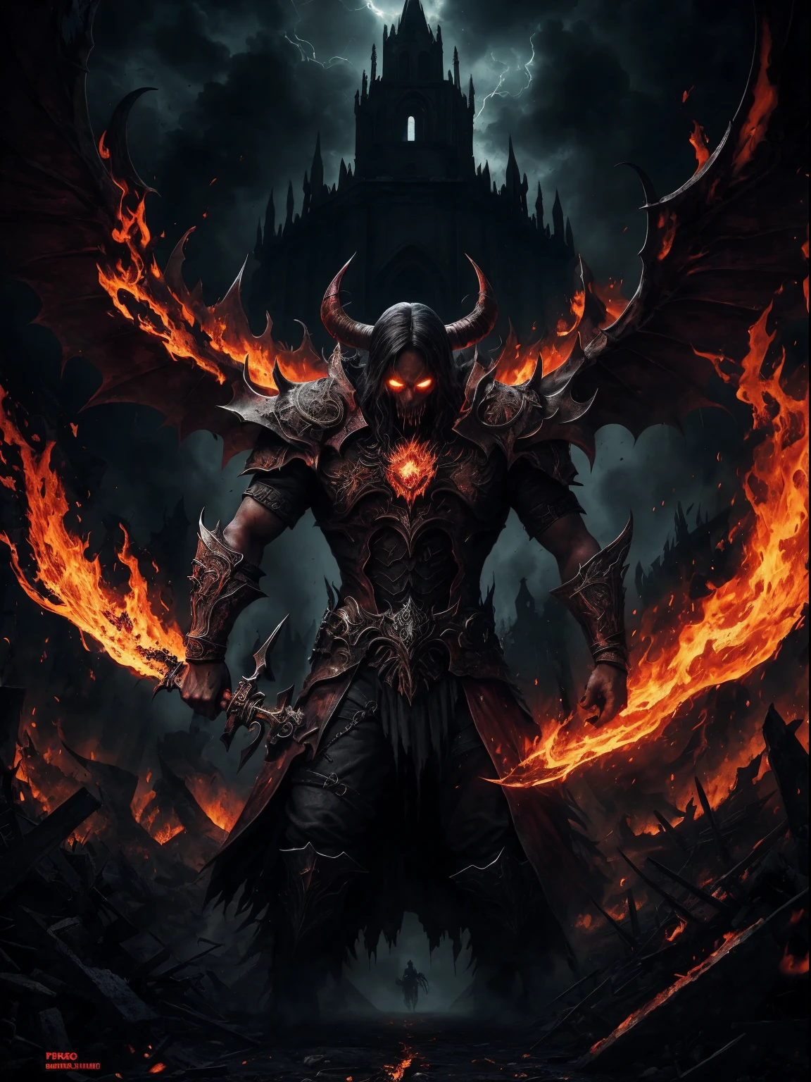 demonio rojo maldito rompiendo los 7 sellos,detailed demonic characteristics,ominous atmosphere,Sombras oscuras y reflejos,[siniestro],Fondo infernal,[apocalyptic],ojos llameantes y aliento de fuego,garras y colmillos manchados de sangre,[intenso],fuego del infierno y azufre,[Poder destructivo],Epic battle scene,High resolution artwork with extremely detailed description.,una pesadilla hecha realidad,Presencia poderosa e imponente,chaos and destruction unleashed,illuminated only by flickering flames,Paisaje devastado,macabro y aterrador,with a touch of gothic art,colores vibrantes con un oscuro, trasfondo siniestro[Arte conceptual de obra maestra],inquietante e inquietante,Ominous lighting and shadows