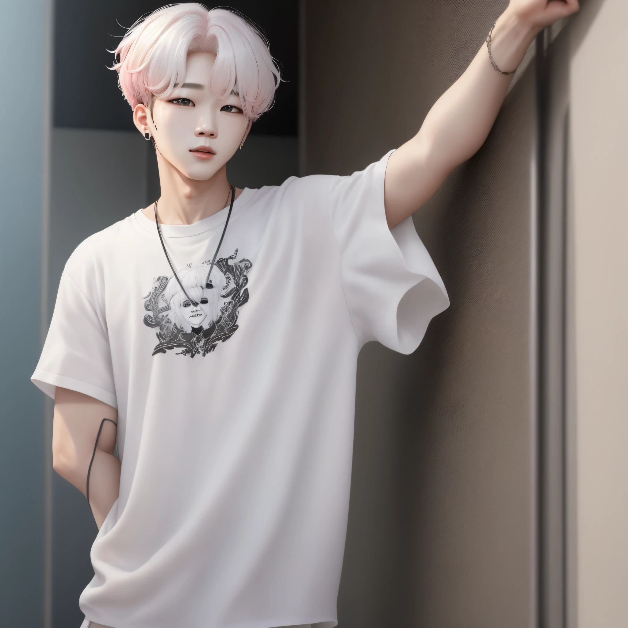 Jimin do BTS, albino, cabelos brancos, delicado, cabelos presos em um coque, realista