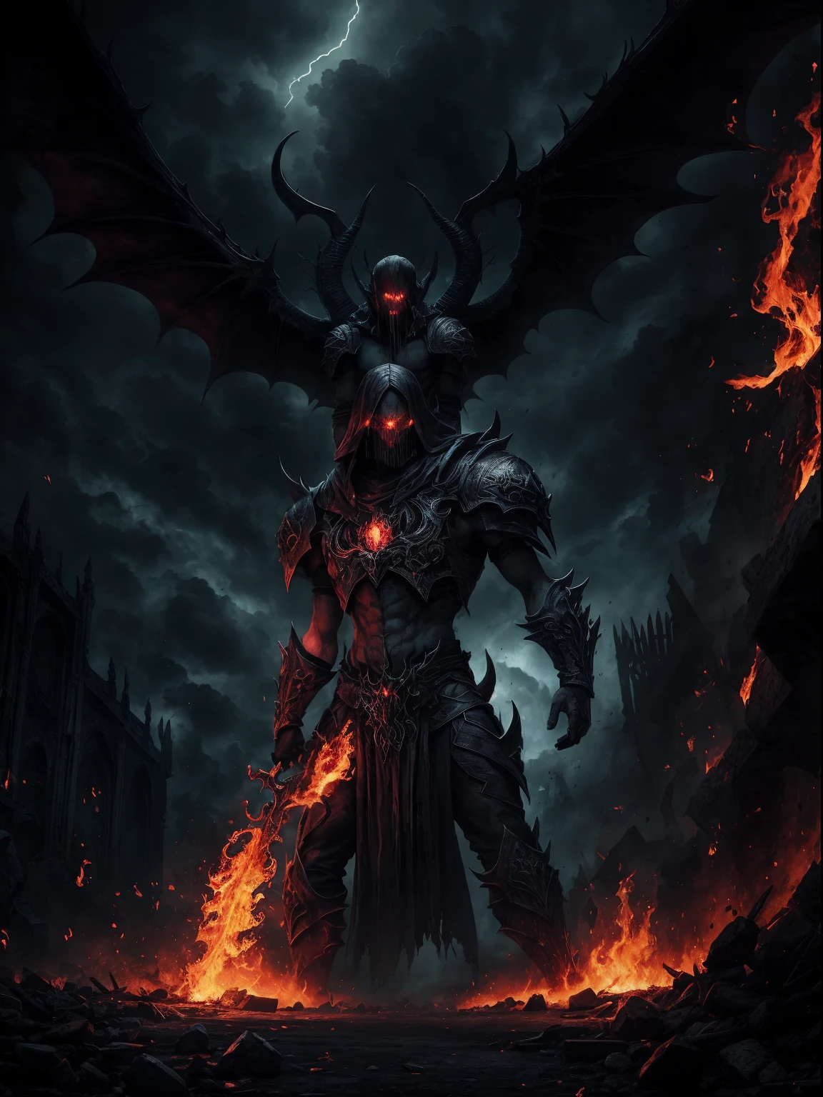 demonio rojo maldito rompiendo los 7 sellos,detailed demonic characteristics,ominous atmosphere,Sombras oscuras y reflejos,[siniestro],Fondo infernal,[apocalyptic],ojos llameantes y aliento de fuego,garras y colmillos manchados de sangre,[intenso],fuego del infierno y azufre,[Poder destructivo],Epic battle scene,High resolution artwork with extremely detailed description.,una pesadilla hecha realidad,Presencia poderosa e imponente,chaos and destruction unleashed,illuminated only by flickering flames,Paisaje devastado,macabro y aterrador,with a touch of gothic art,colores vibrantes con un oscuro, trasfondo siniestro[Arte conceptual de obra maestra],inquietante e inquietante,Ominous lighting and shadows