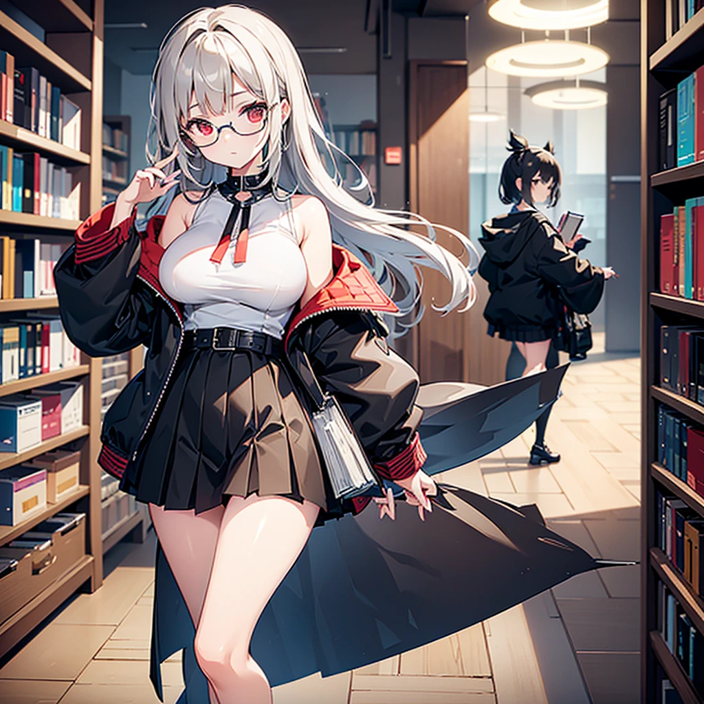 ((The best piece)),((​masterpiece)), (ultra-detailliert), (illustratio), (detaileds), (extemely cute and beautiful), girl with, cute  face, The upper part of the body, two feet, a miniskirt, (beautifully detailed eyes), Red Eyes,  Golden bristles,Off-the-shoulder clothing,frilld,lolita,loli big boobs,black toned clothes,Black miniskirt,garterbelts,Wearing glasses,Inside the bookstore,Surrounded by bookshelves,atlibrary,