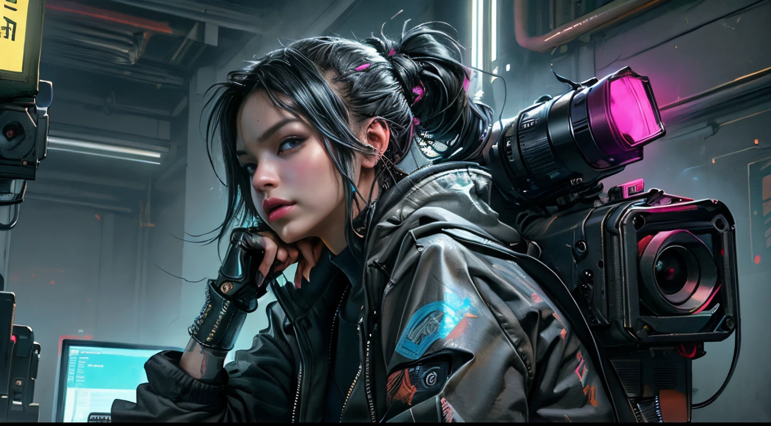 Chica ciberpunk,(highest qualityr、8k、32K、obra maestra、NFFSW:1.3)、(The Ultra-High Definition)、(Fotorrealista:1.4)、Raw photography,Encantadora figura perfecta,Actionpose:1.2,Moda cyberpunk detallada、Mundo de Cyberpunk,Profundidad de campos,Backround borroso,、