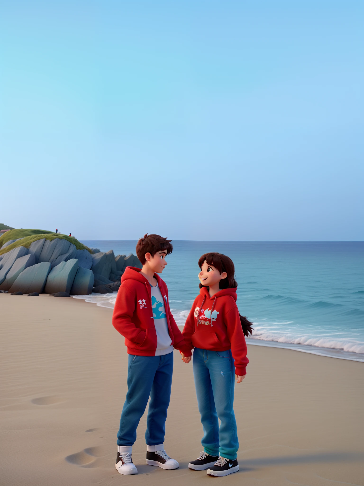 A couple young lady and young man standing on the sand next to the sea holding hands and laughing together, both wear couple winter shirt red color and on the shirt it’s a teddy bear and on the top of the teddy it’s written “hoodie” with big letters and white color, both wear dark color jeans, the young man wearing white Nike shoes and the lady black boots, the sea it’s light blue-green winter color and there are dark colored rocks on the left side behind the couple