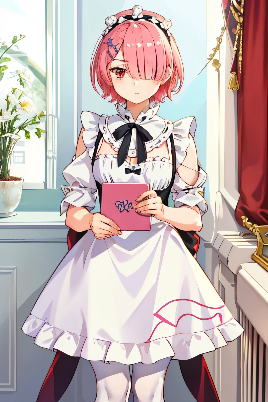 ((best quality)), ((masterpiece)), illustration, (detailed), 1girl, ram_rezero, cute, chibi, piercing gaze, pink hair:1.1, short hair, (hair over one eye:1.3), red eyes:1.2, roswaal mansion maid uniform, apron, (white pantyhose:1.2), looking at viewer, upper body, angry, annoyed, disgusted, glaring, mansion, (high-resolution:1.2),