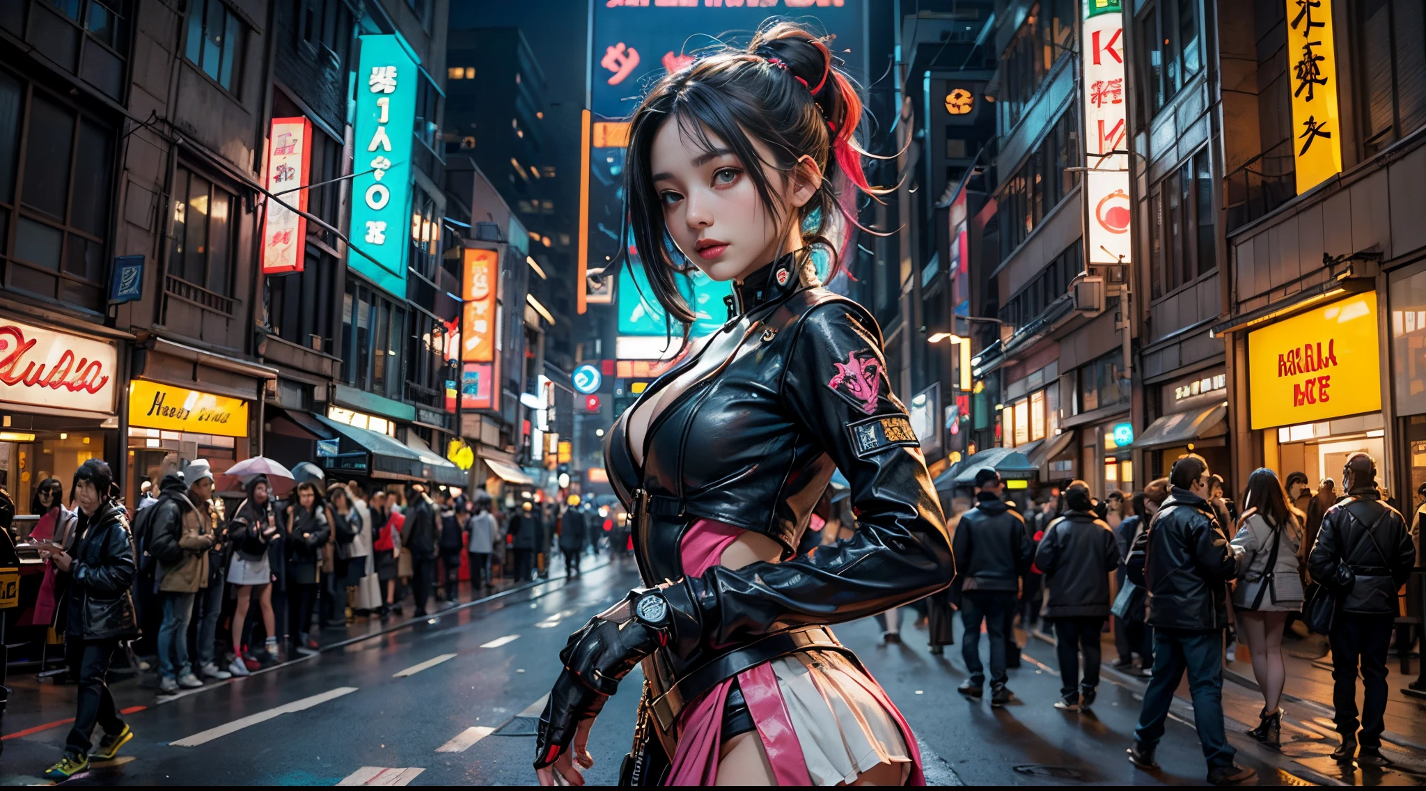 Obra maestra, La mejor calidad, 1 chica cyberpunk con un atuendo cyberpunk inspirado en Harajuku, De pie en la calle, Colores y patrones llamativos, Accesorios llamativos, Peinado moderno e innovador, Deslumbrante paisaje urbano cyberpunk, Rascacielos, neon signs, Luces LED, Esquema de colores brillantes y vivos, anime, 插圖, Textura detallada de la piel, Textura detallada de la tela, Hermosa cara detallada, Detalles intrincados, Ultra detallado, cinematic lighting, Sombras oscuras.